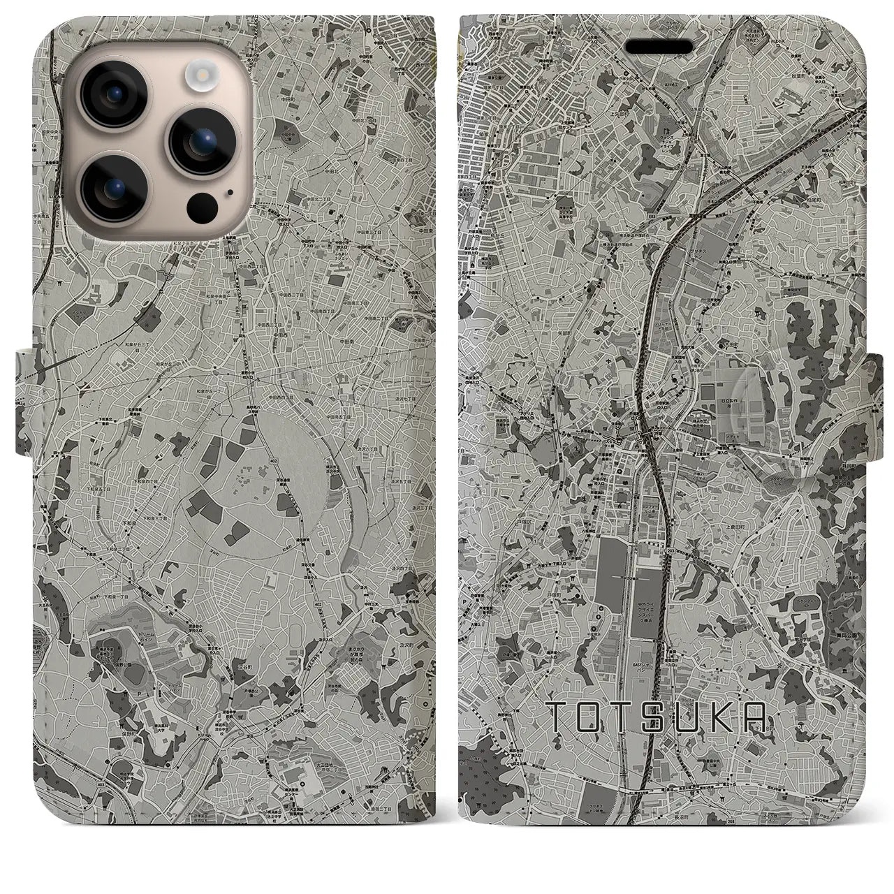 【戸塚(神奈川県)】地図柄iPhoneケース(手帳タイプ)モノトーン・iPhone 16 Plus 用