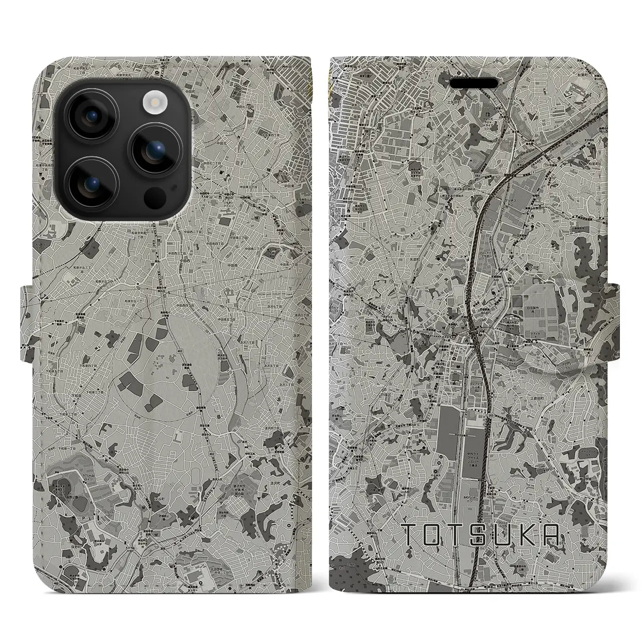 【戸塚(神奈川県)】地図柄iPhoneケース(手帳タイプ)モノトーン・iPhone 16 用