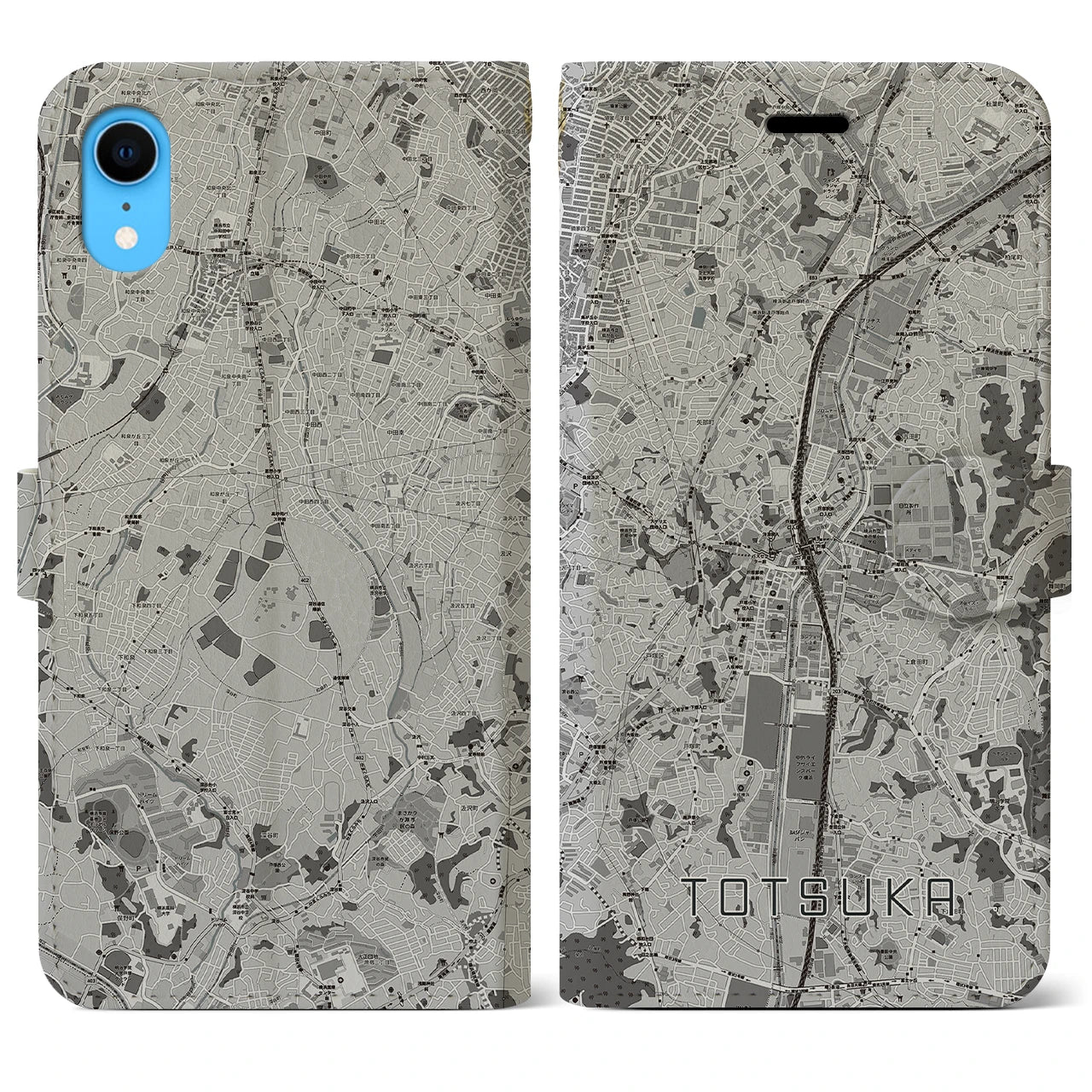 【戸塚(神奈川県)】地図柄iPhoneケース(手帳タイプ)モノトーン・iPhone XR 用