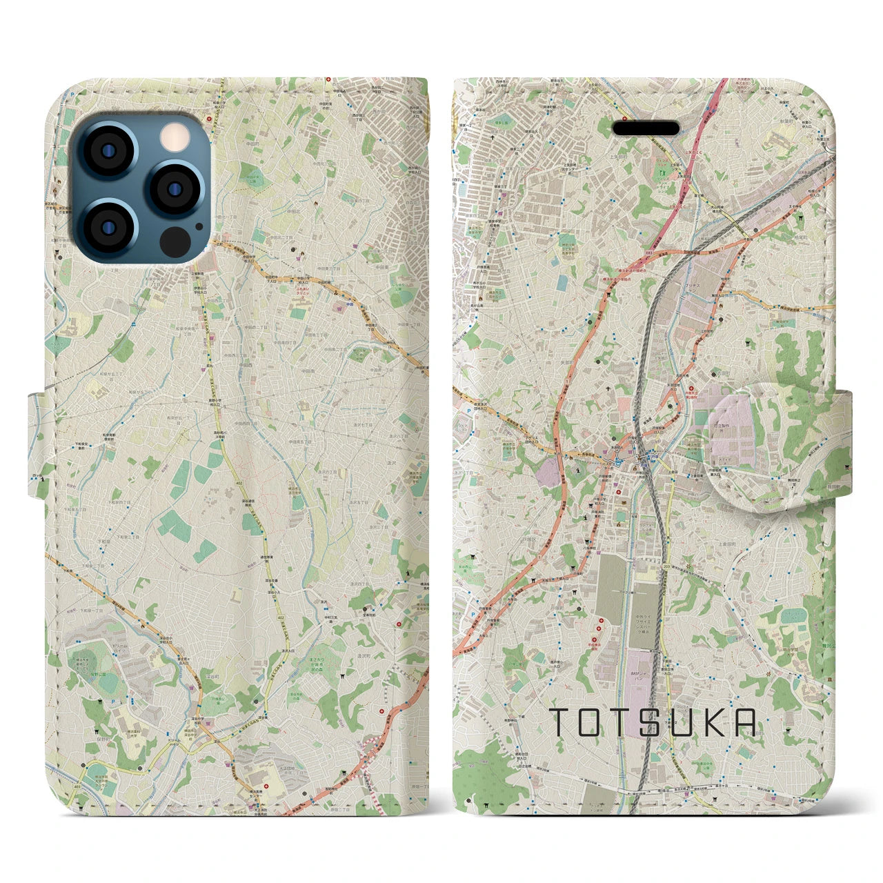 【戸塚(神奈川県)】地図柄iPhoneケース(手帳タイプ)ナチュラル・iPhone 12 / 12 Pro 用