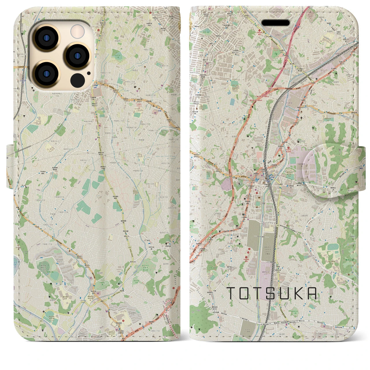 【戸塚(神奈川県)】地図柄iPhoneケース(手帳タイプ)ナチュラル・iPhone 12 Pro Max 用