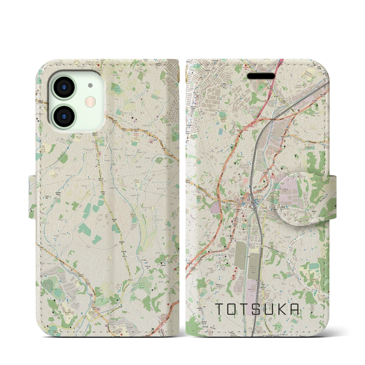 【戸塚(神奈川県)】地図柄iPhoneケース(手帳タイプ)ナチュラル・iPhone 12 mini 用