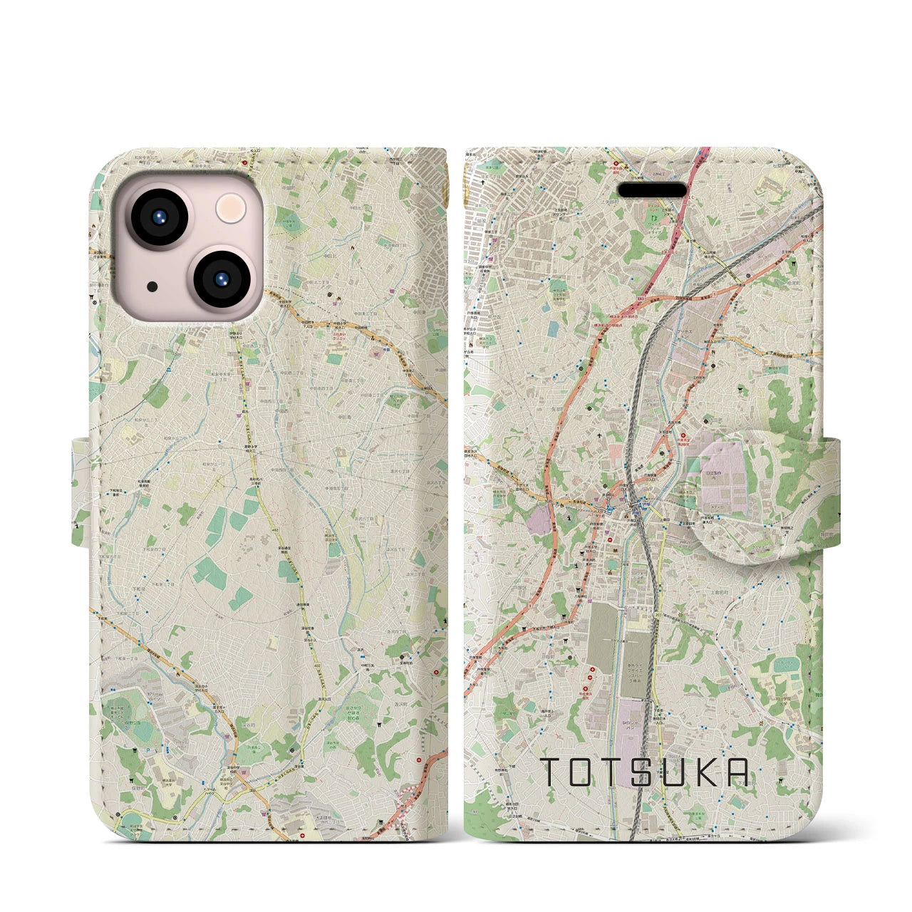 【戸塚(神奈川県)】地図柄iPhoneケース(手帳タイプ)ナチュラル・iPhone 13 mini 用