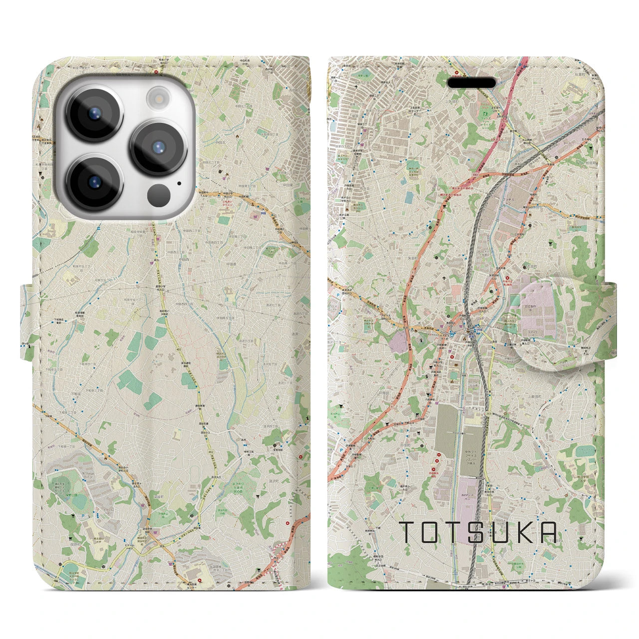 【戸塚(神奈川県)】地図柄iPhoneケース(手帳タイプ)ナチュラル・iPhone 14 Pro 用