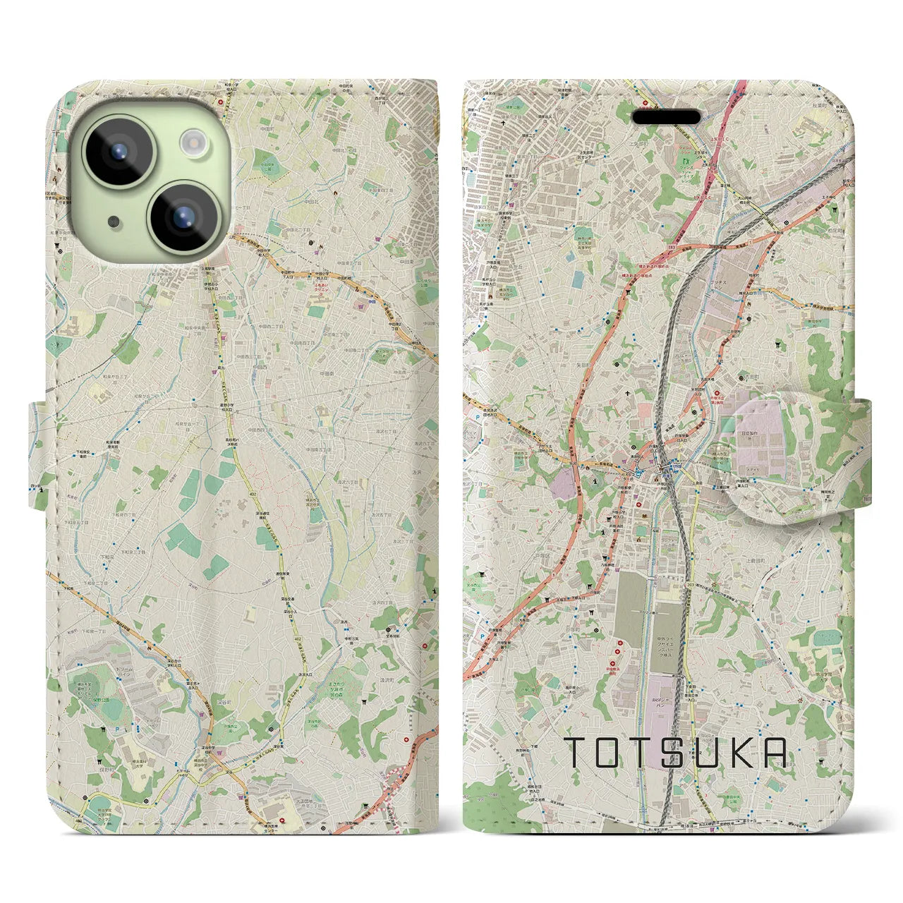 【戸塚(神奈川県)】地図柄iPhoneケース(手帳タイプ)ナチュラル・iPhone 15 用