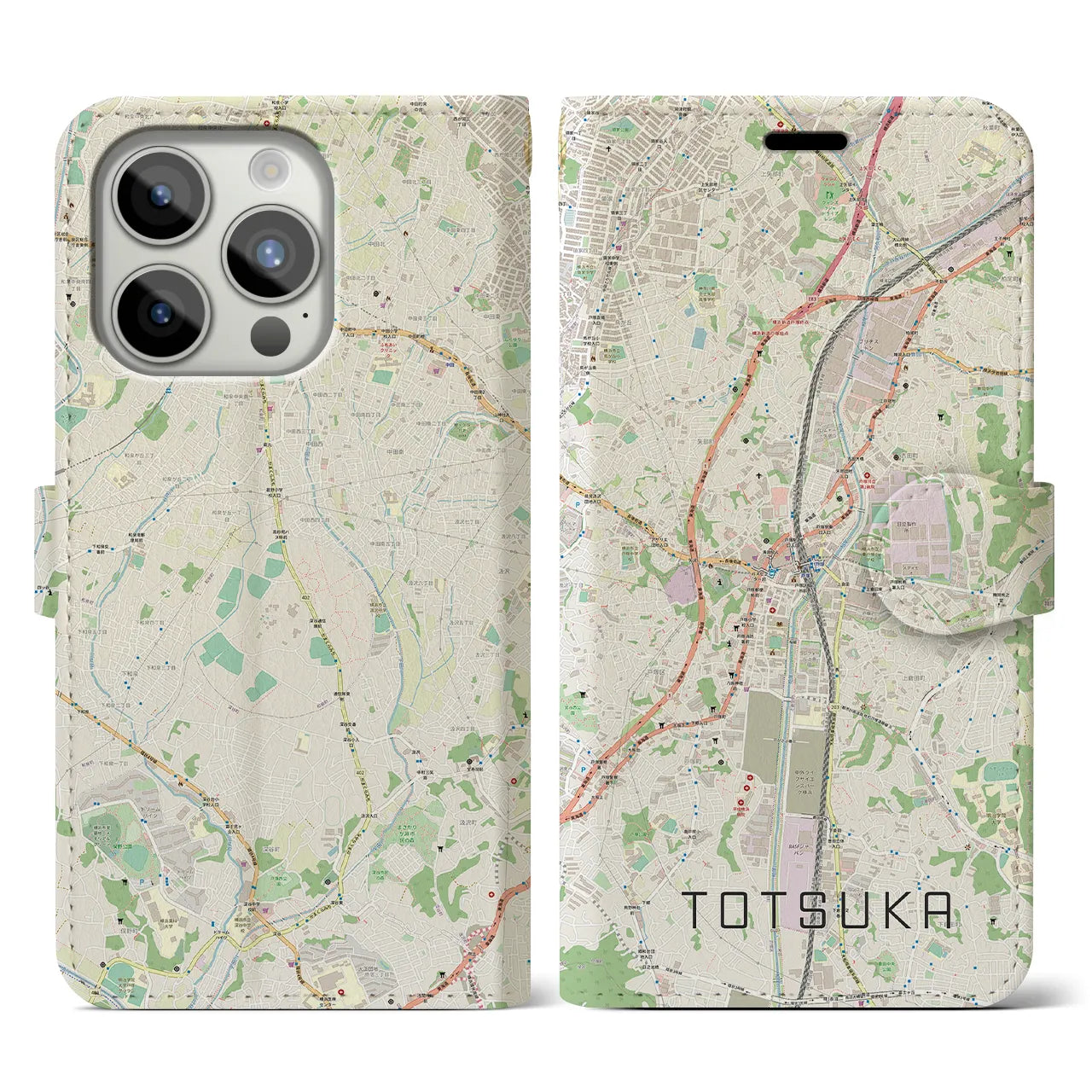 【戸塚(神奈川県)】地図柄iPhoneケース(手帳タイプ)ナチュラル・iPhone 15 Pro 用