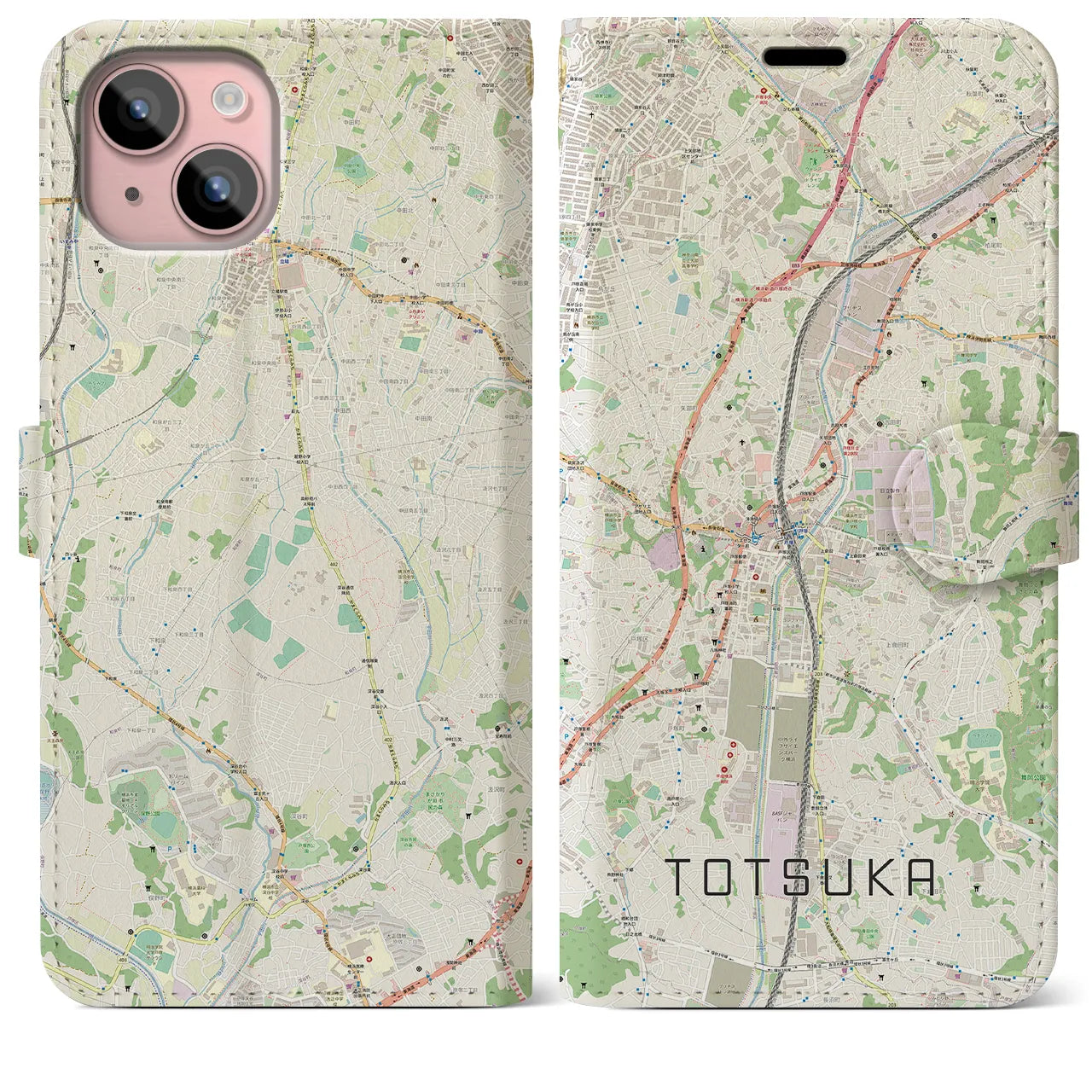 【戸塚(神奈川県)】地図柄iPhoneケース(手帳タイプ)ナチュラル・iPhone 15 Plus 用