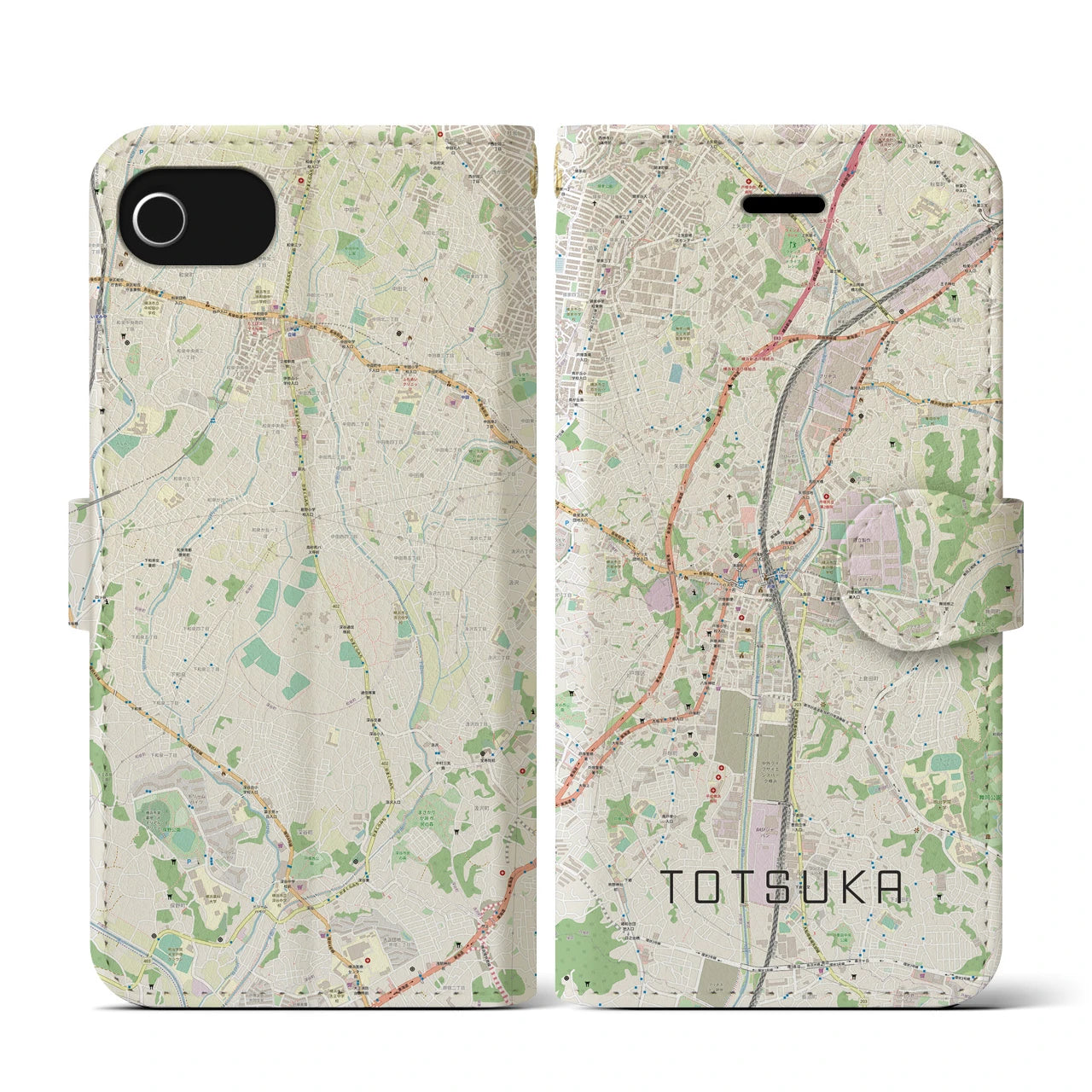 【戸塚(神奈川県)】地図柄iPhoneケース(手帳タイプ)ナチュラル・iPhone SE(第3 / 第2世代) / 8 / 7 / 6s / 6 用