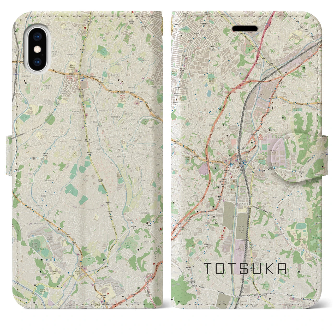 【戸塚(神奈川県)】地図柄iPhoneケース(手帳タイプ)ナチュラル・iPhone XS Max 用