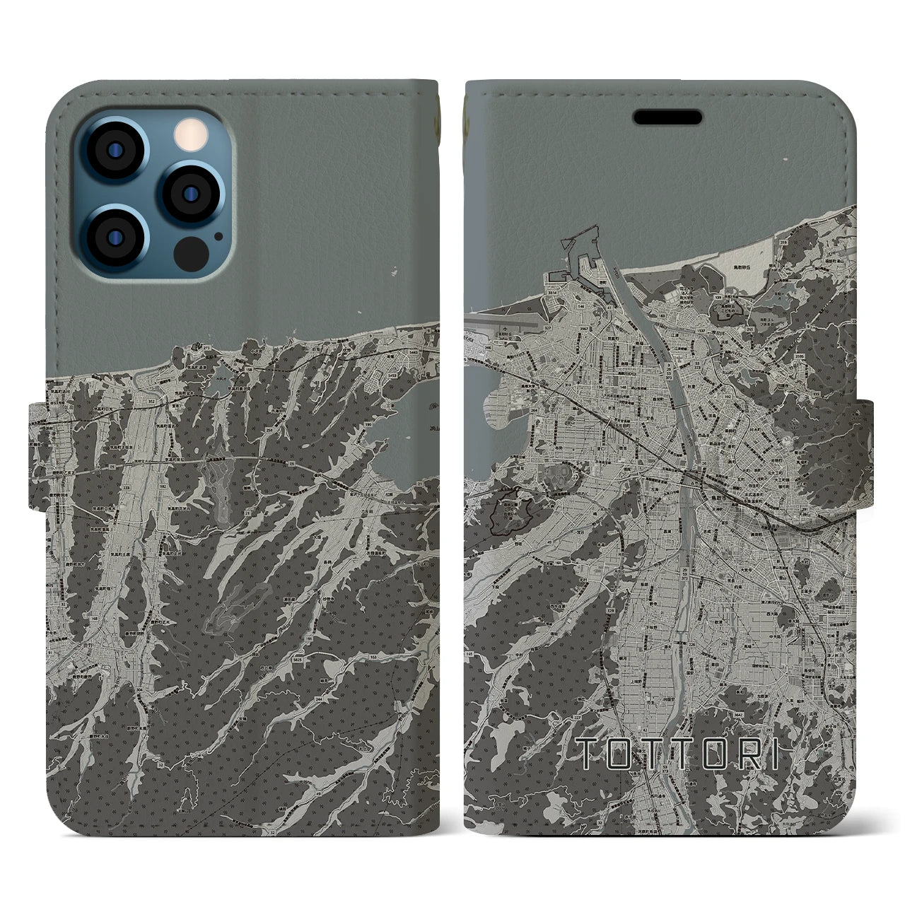 【鳥取(鳥取県)】地図柄iPhoneケース(手帳タイプ)モノトーン・iPhone 12 / 12 Pro 用