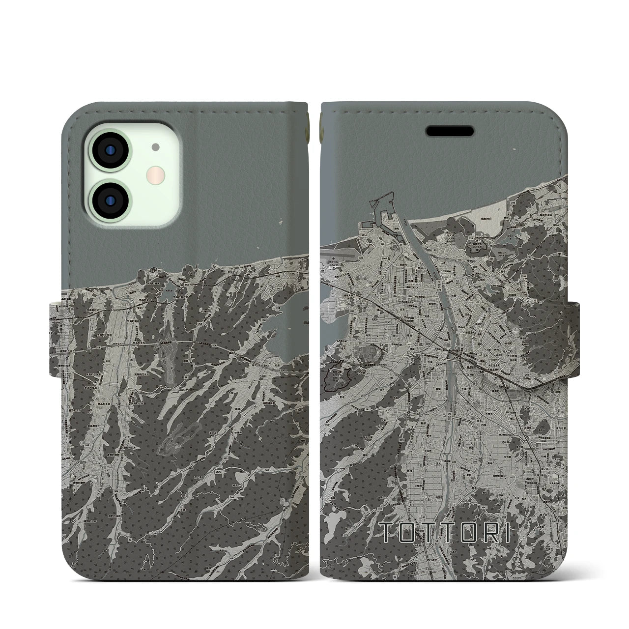 【鳥取(鳥取県)】地図柄iPhoneケース(手帳タイプ)モノトーン・iPhone 12 mini 用