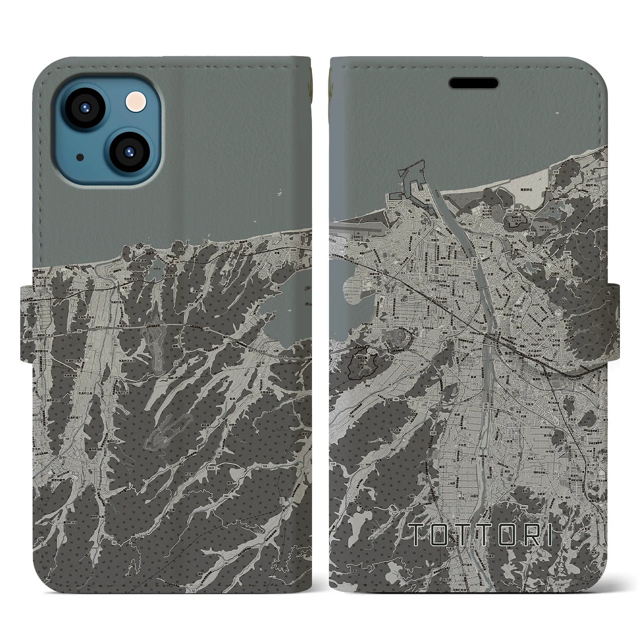 【鳥取(鳥取県)】地図柄iPhoneケース(手帳タイプ)モノトーン・iPhone 13 用