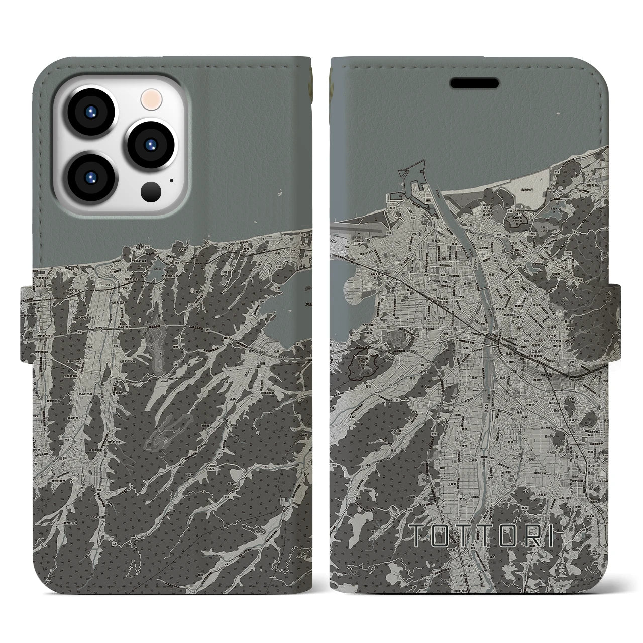 【鳥取(鳥取県)】地図柄iPhoneケース(手帳タイプ)モノトーン・iPhone 13 Pro 用