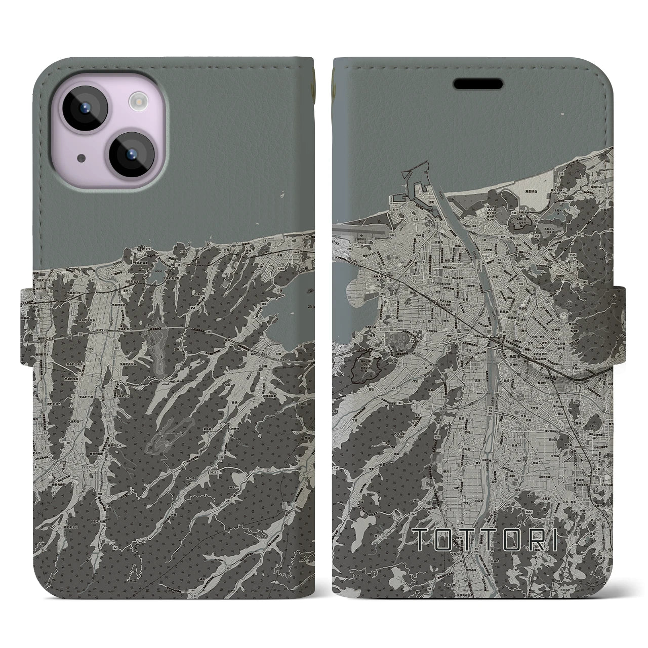 【鳥取(鳥取県)】地図柄iPhoneケース(手帳タイプ)モノトーン・iPhone 14 用