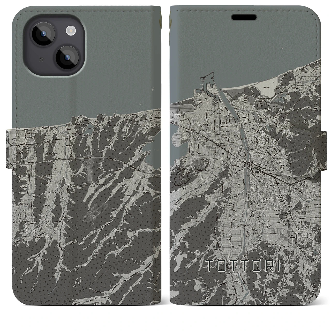 【鳥取(鳥取県)】地図柄iPhoneケース(手帳タイプ)モノトーン・iPhone 14 Plus 用