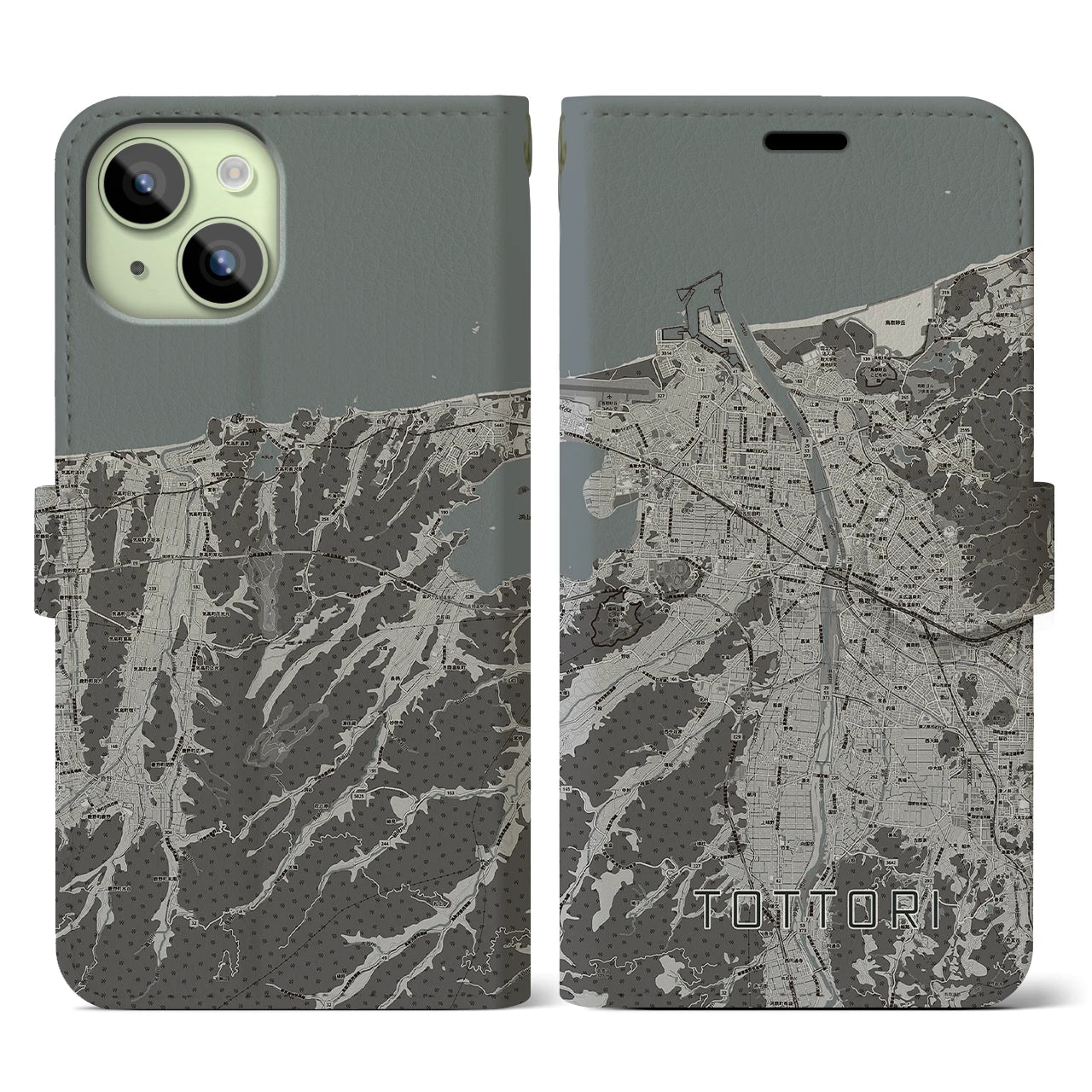 【鳥取(鳥取県)】地図柄iPhoneケース(手帳タイプ)モノトーン・iPhone 15 用