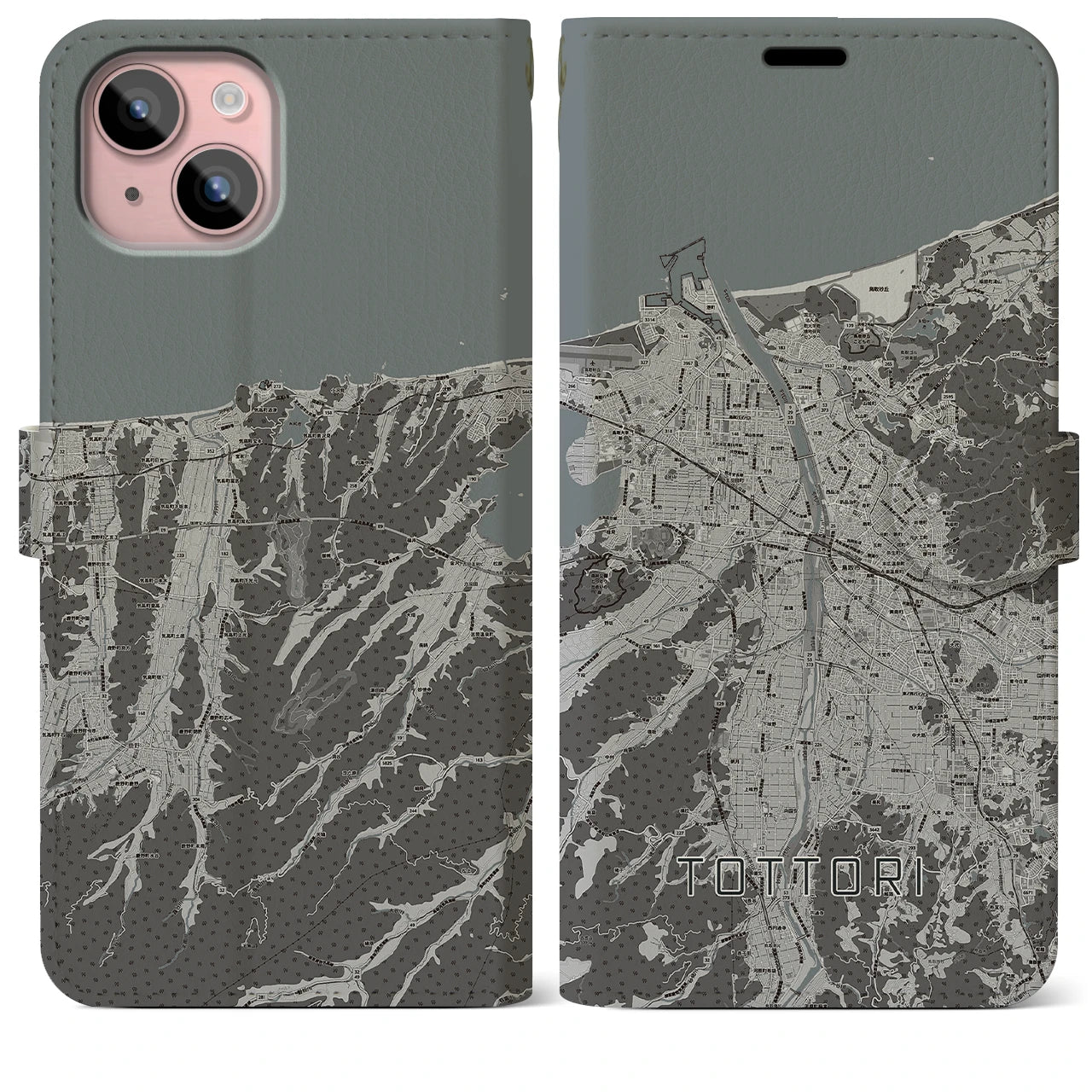 【鳥取(鳥取県)】地図柄iPhoneケース(手帳タイプ)モノトーン・iPhone 15 Plus 用