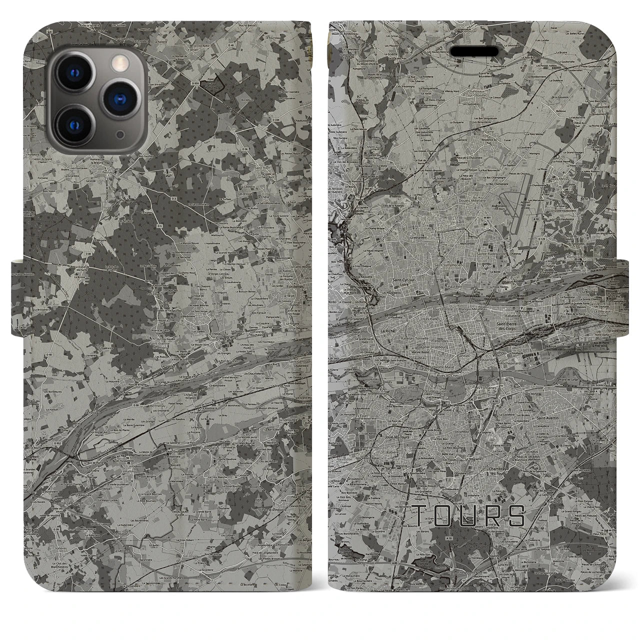 【トゥール(フランス)】地図柄iPhoneケース(手帳タイプ)モノトーン・iPhone 11 Pro Max 用