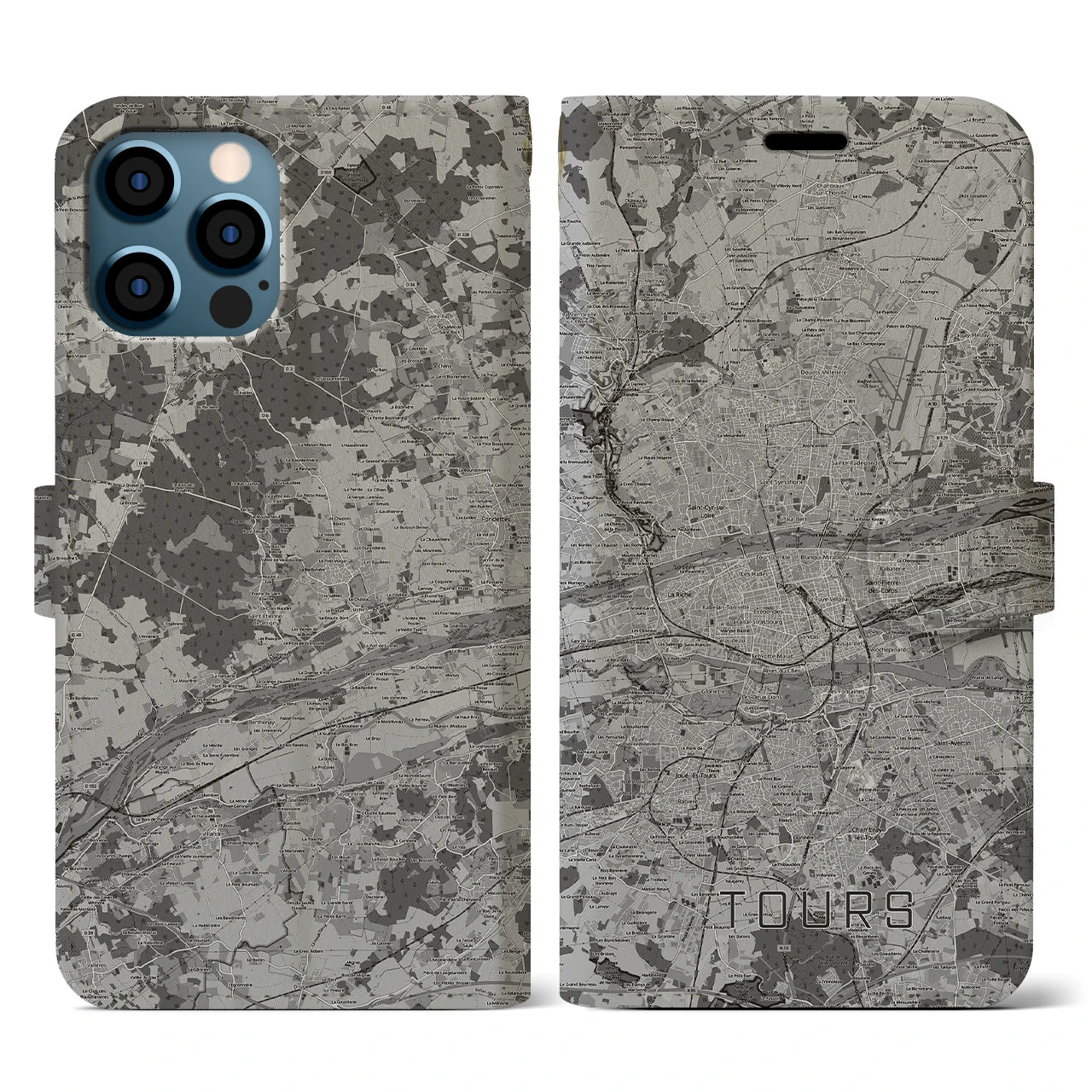 【トゥール(フランス)】地図柄iPhoneケース(手帳タイプ)モノトーン・iPhone 12 / 12 Pro 用