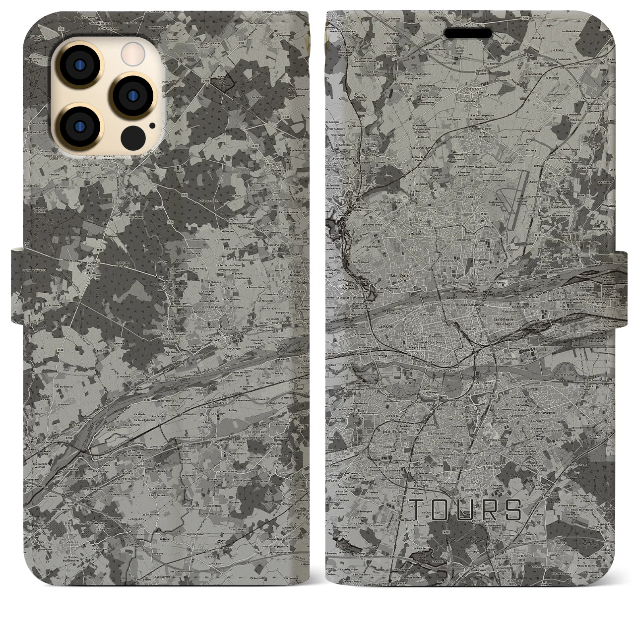 【トゥール(フランス)】地図柄iPhoneケース(手帳タイプ)モノトーン・iPhone 12 Pro Max 用