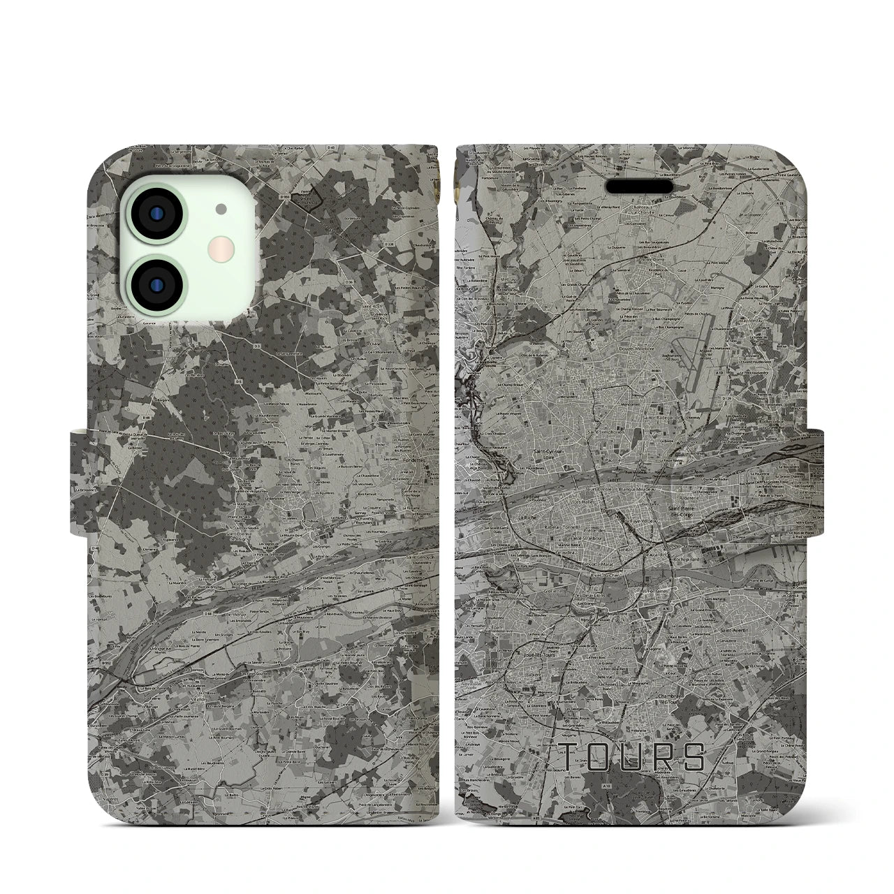 【トゥール(フランス)】地図柄iPhoneケース(手帳タイプ)モノトーン・iPhone 12 mini 用