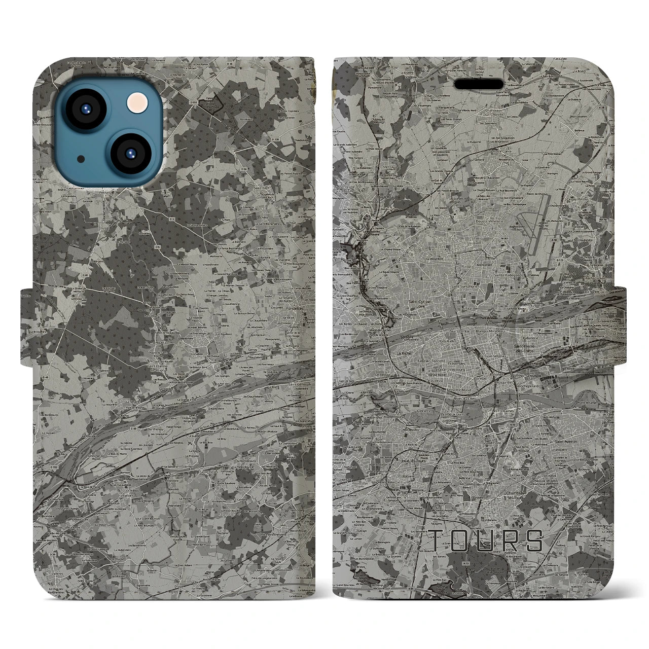 【トゥール(フランス)】地図柄iPhoneケース(手帳タイプ)モノトーン・iPhone 13 用