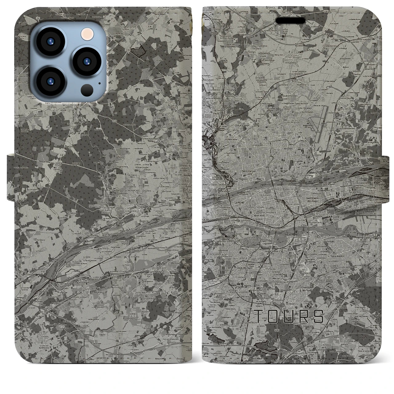 【トゥール(フランス)】地図柄iPhoneケース(手帳タイプ)モノトーン・iPhone 13 Pro Max 用