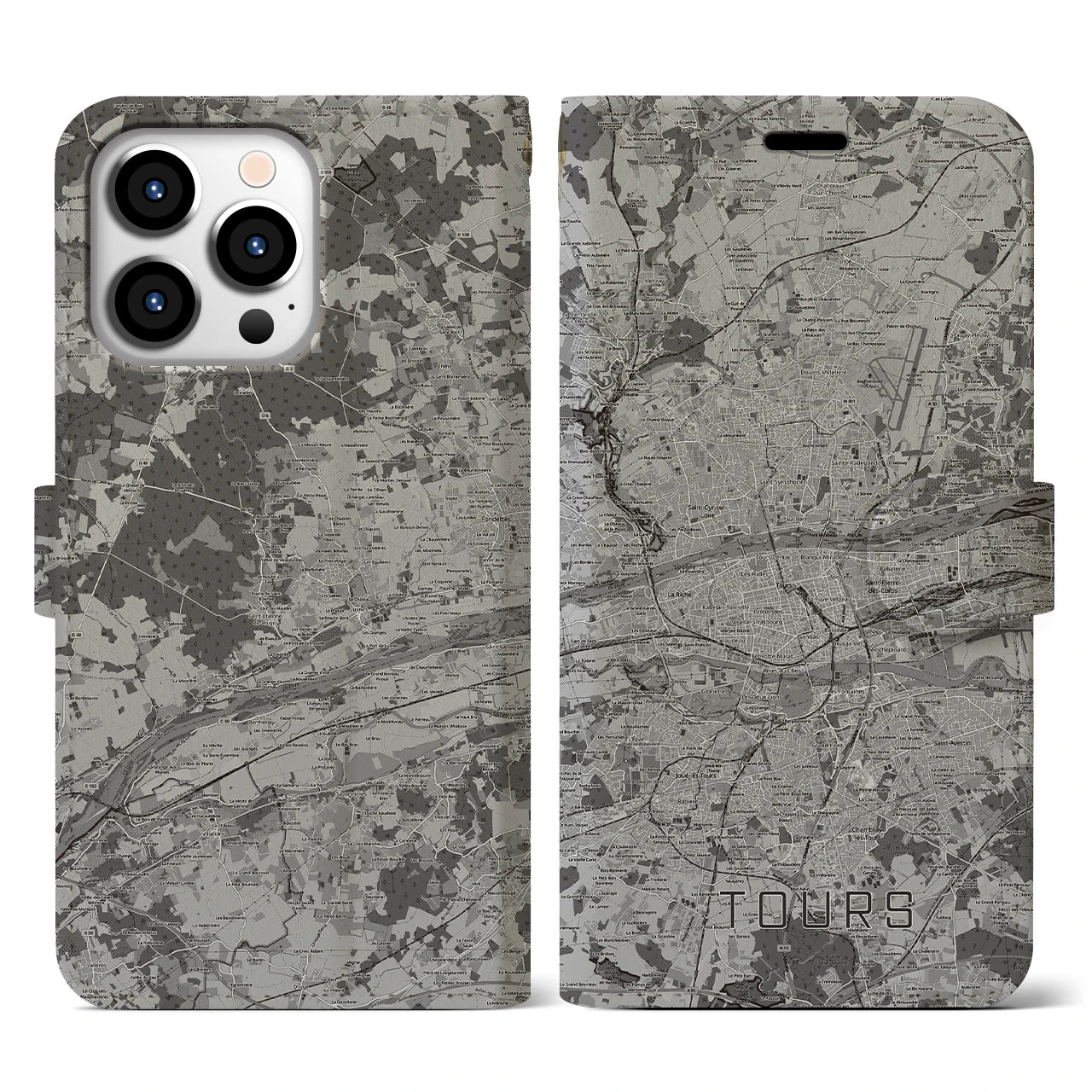 【トゥール(フランス)】地図柄iPhoneケース(手帳タイプ)モノトーン・iPhone 13 Pro 用