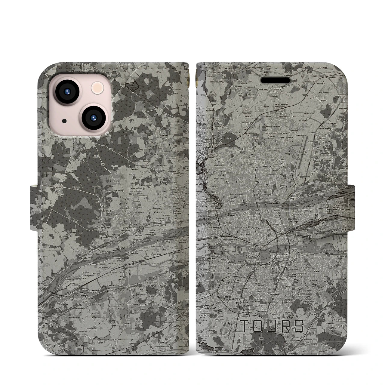 【トゥール(フランス)】地図柄iPhoneケース(手帳タイプ)モノトーン・iPhone 13 mini 用