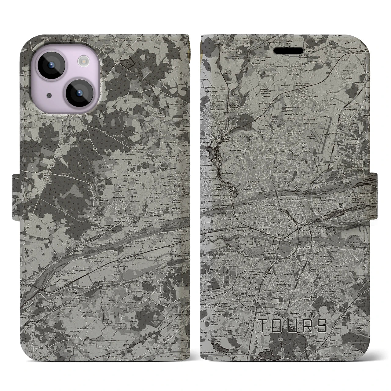 【トゥール(フランス)】地図柄iPhoneケース(手帳タイプ)モノトーン・iPhone 14 用