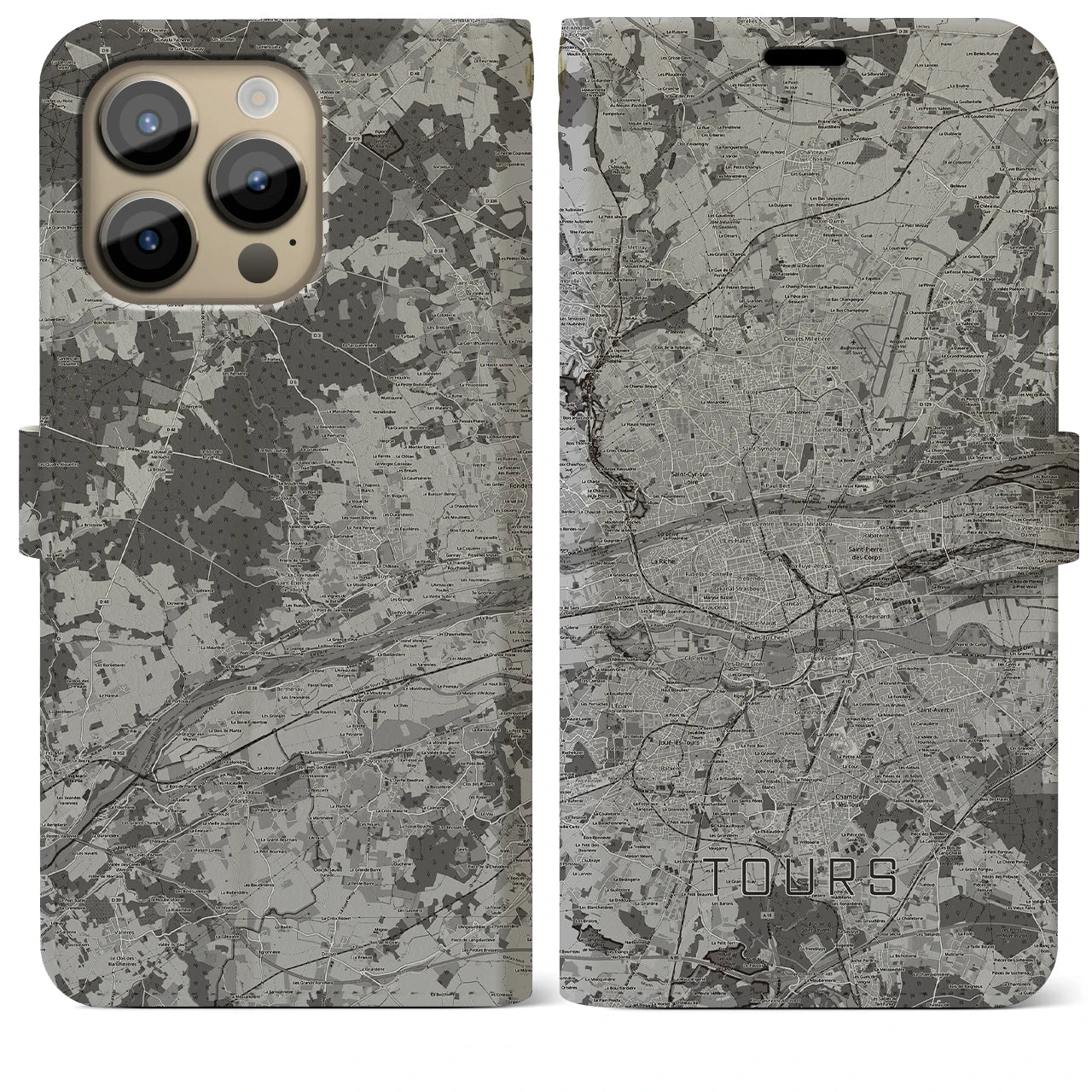 【トゥール(フランス)】地図柄iPhoneケース(手帳タイプ)モノトーン・iPhone 14 Pro Max 用