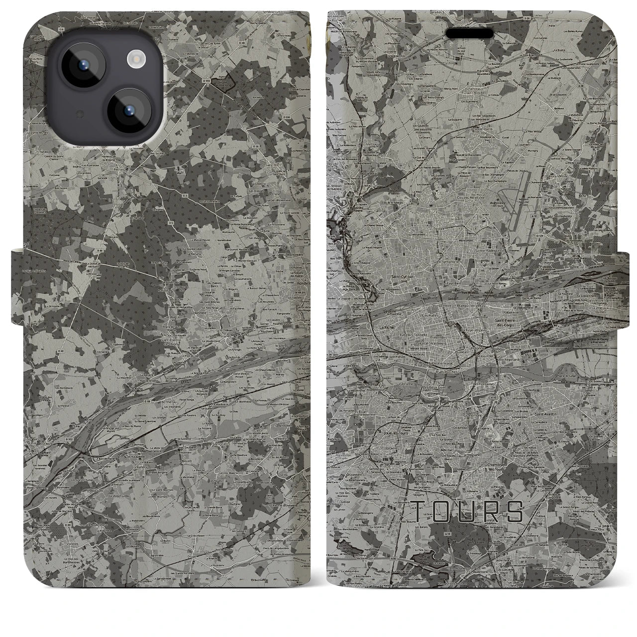 【トゥール(フランス)】地図柄iPhoneケース(手帳タイプ)モノトーン・iPhone 14 Plus 用