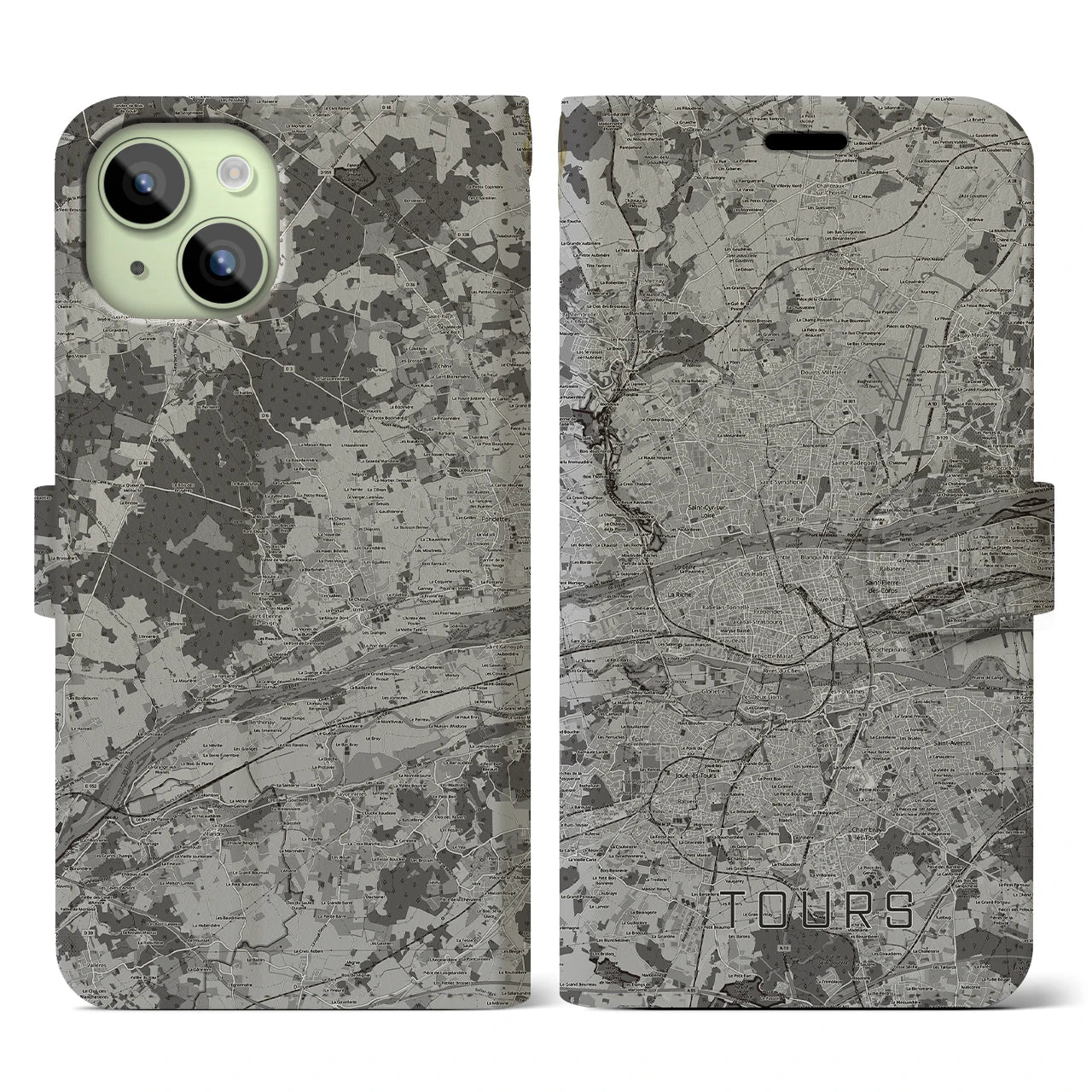 【トゥール(フランス)】地図柄iPhoneケース(手帳タイプ)モノトーン・iPhone 15 用