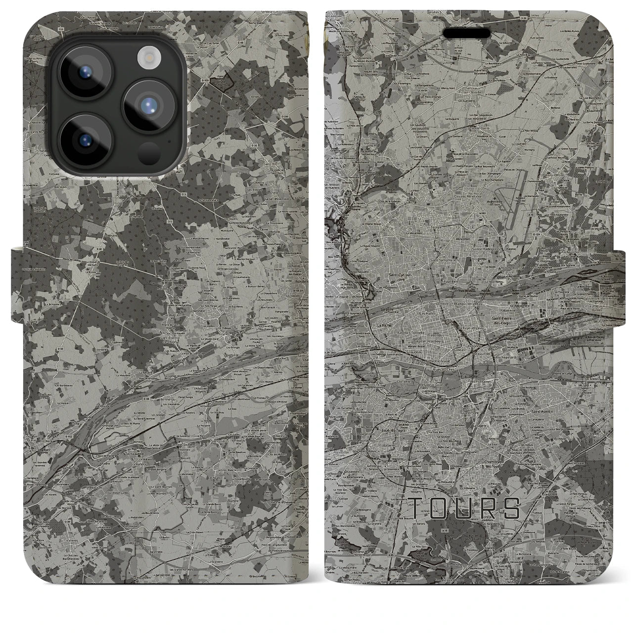 【トゥール(フランス)】地図柄iPhoneケース(手帳タイプ)モノトーン・iPhone 15 Pro Max 用