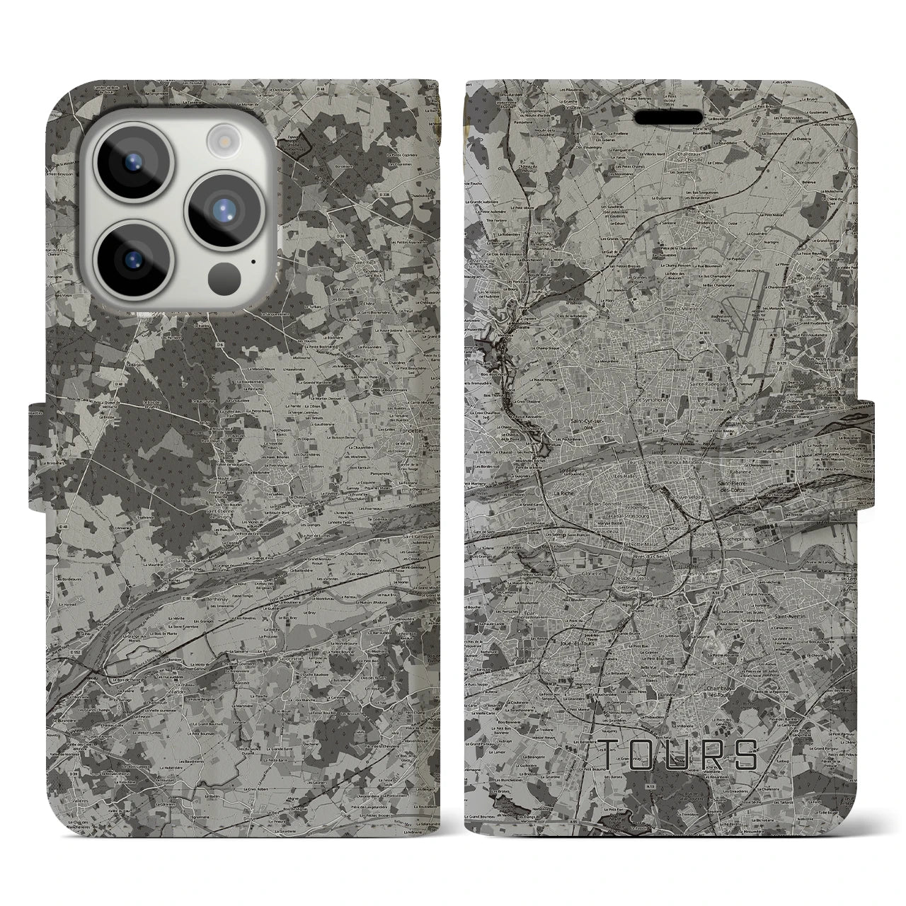 【トゥール(フランス)】地図柄iPhoneケース(手帳タイプ)モノトーン・iPhone 15 Pro 用