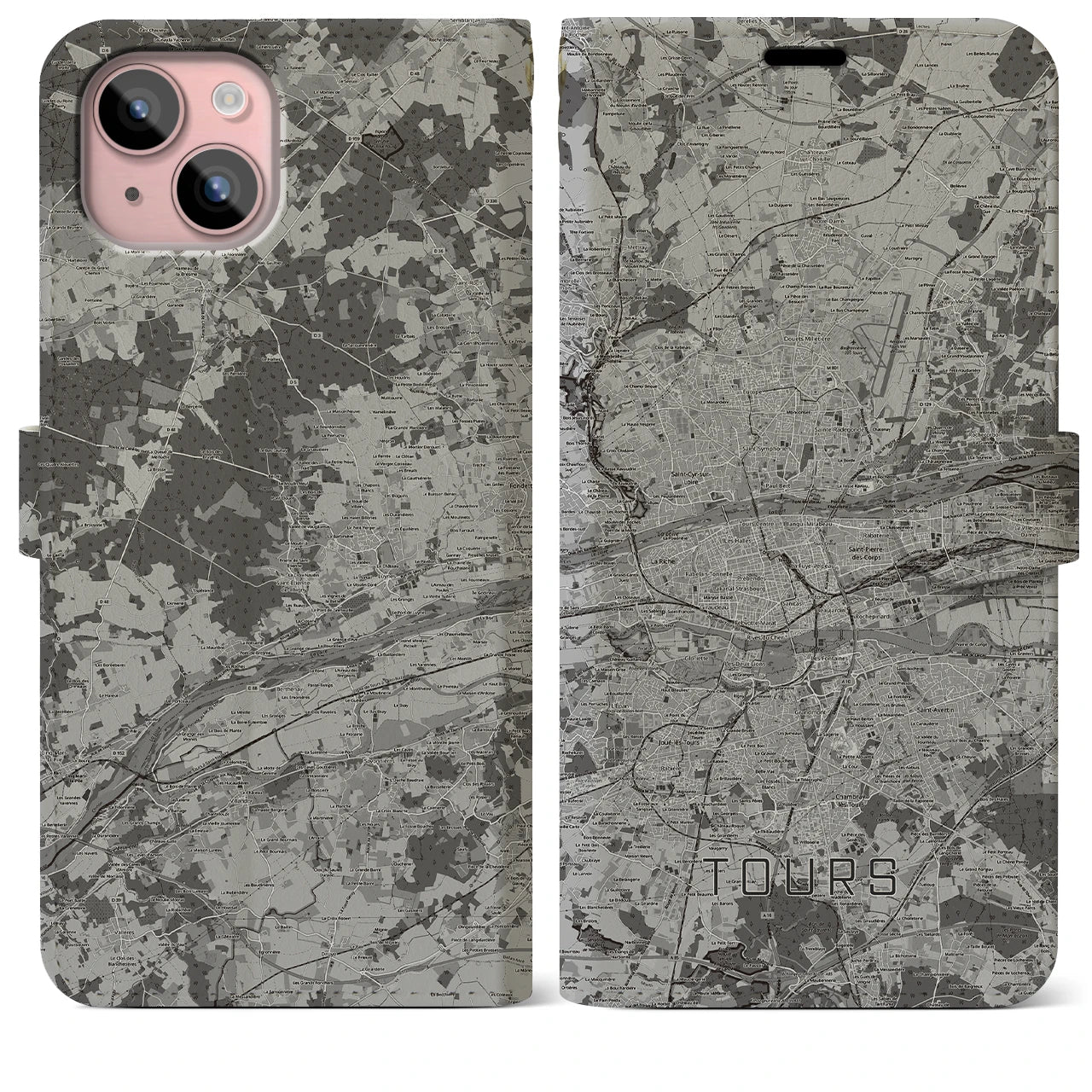 【トゥール(フランス)】地図柄iPhoneケース(手帳タイプ)モノトーン・iPhone 15 Plus 用