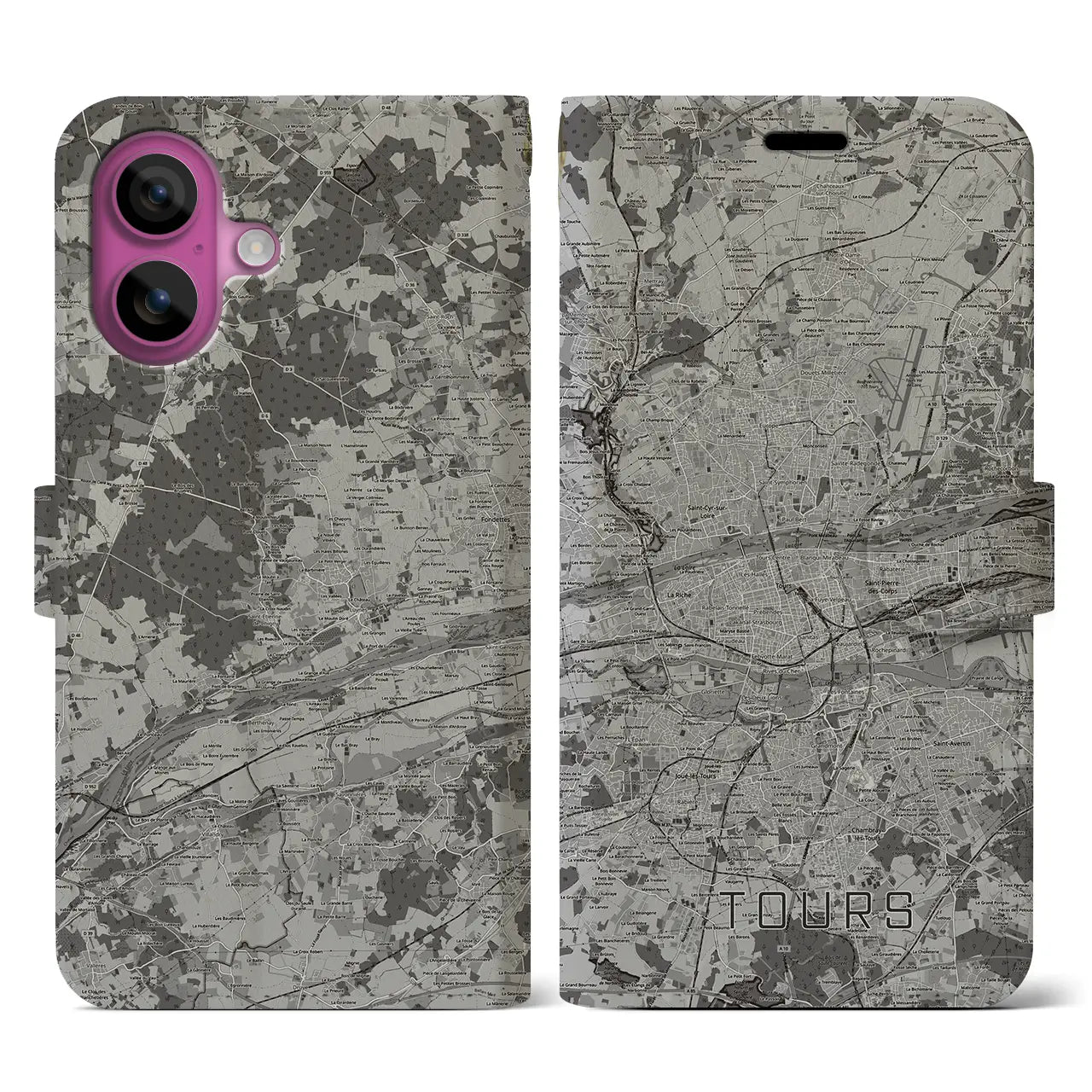 【トゥール(フランス)】地図柄iPhoneケース(手帳タイプ)モノトーン・iPhone 16 Pro 用
