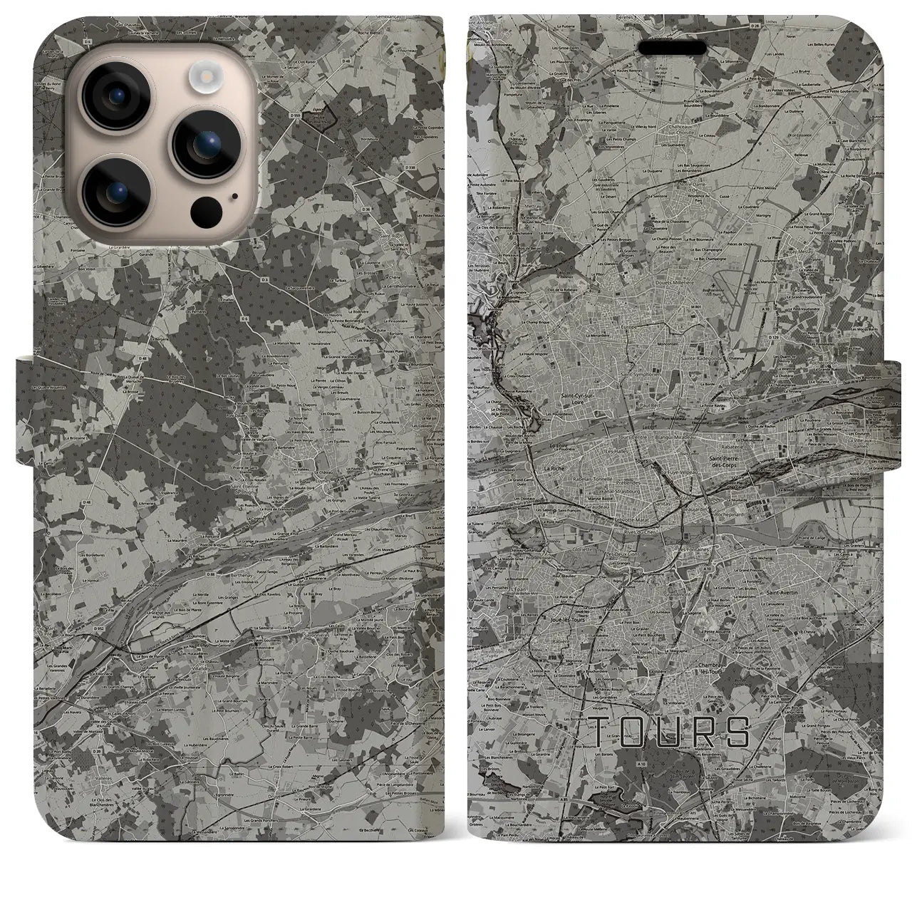 【トゥール(フランス)】地図柄iPhoneケース(手帳タイプ)モノトーン・iPhone 16 Plus 用