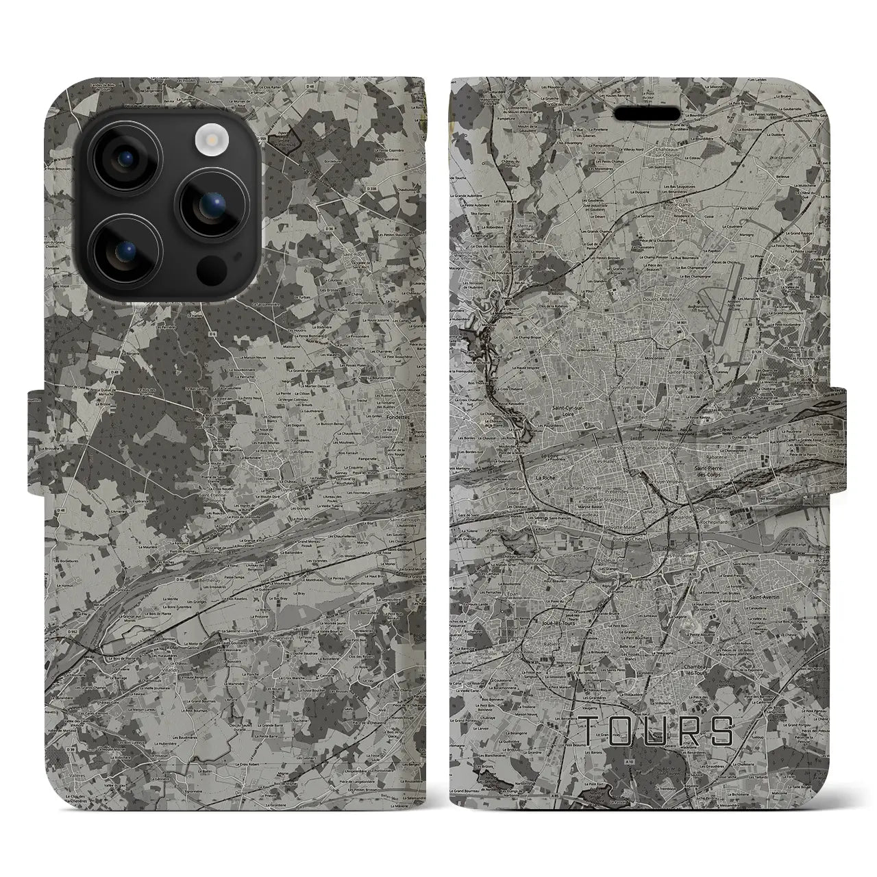 【トゥール(フランス)】地図柄iPhoneケース(手帳タイプ)モノトーン・iPhone 16 用