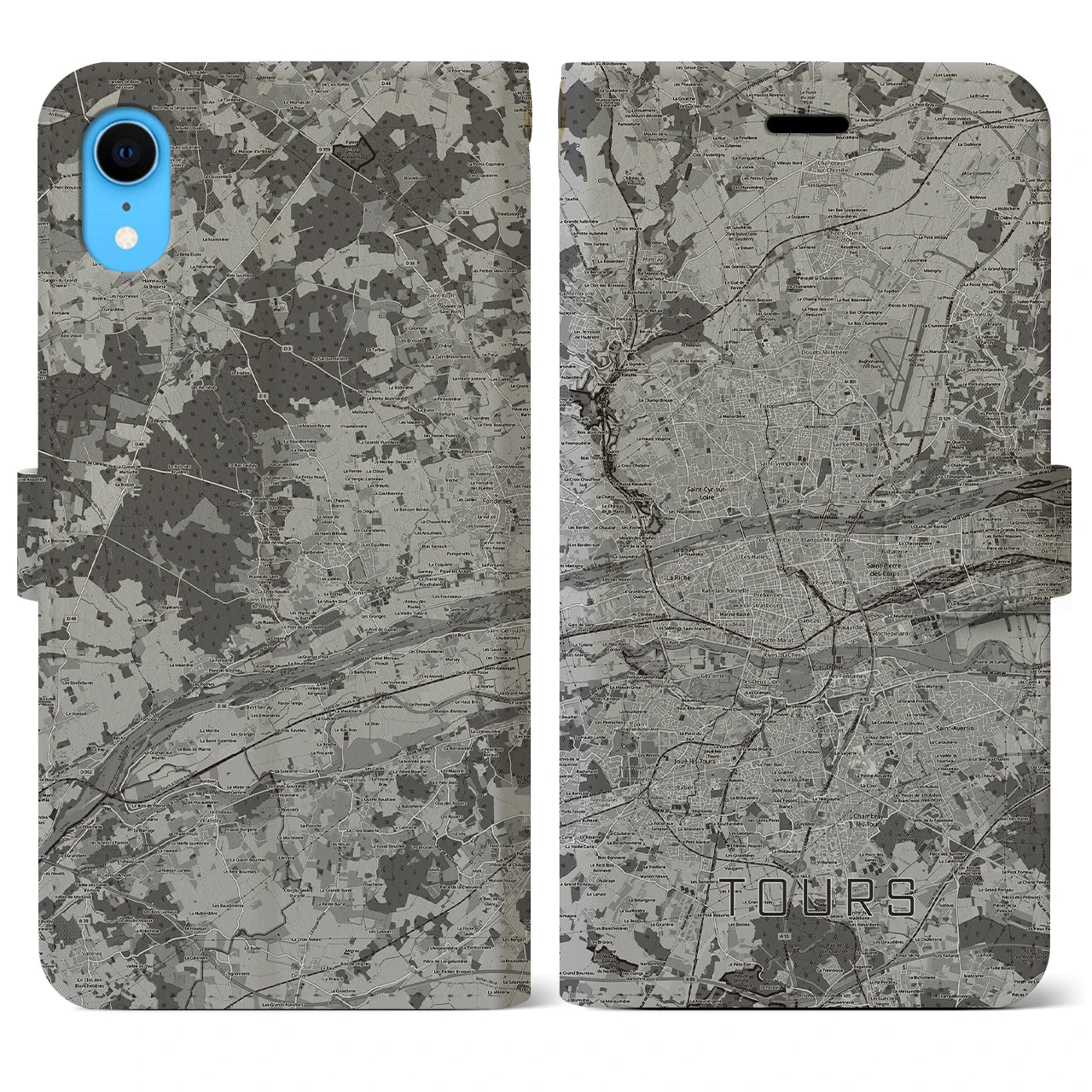 【トゥール(フランス)】地図柄iPhoneケース(手帳タイプ)モノトーン・iPhone XR 用