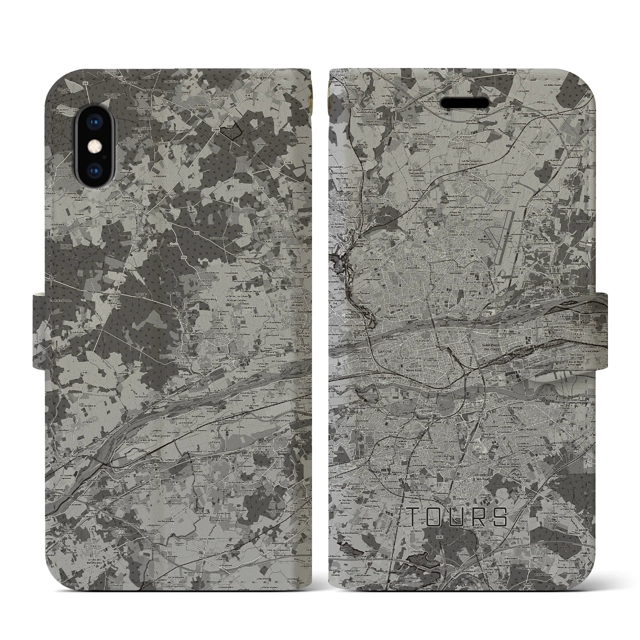 【トゥール(フランス)】地図柄iPhoneケース(手帳タイプ)モノトーン・iPhone XS / X 用