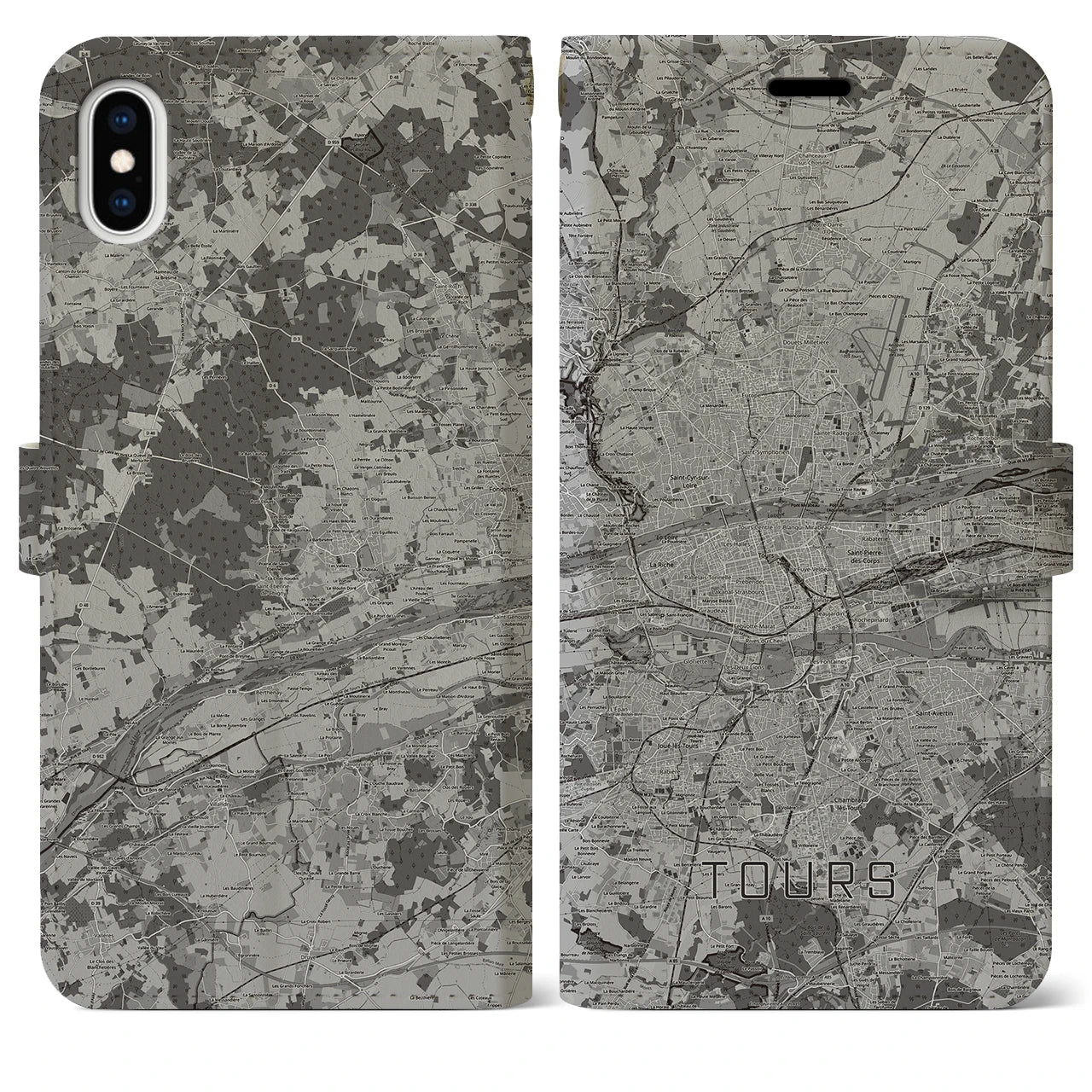 【トゥール(フランス)】地図柄iPhoneケース(手帳タイプ)モノトーン・iPhone XS Max 用