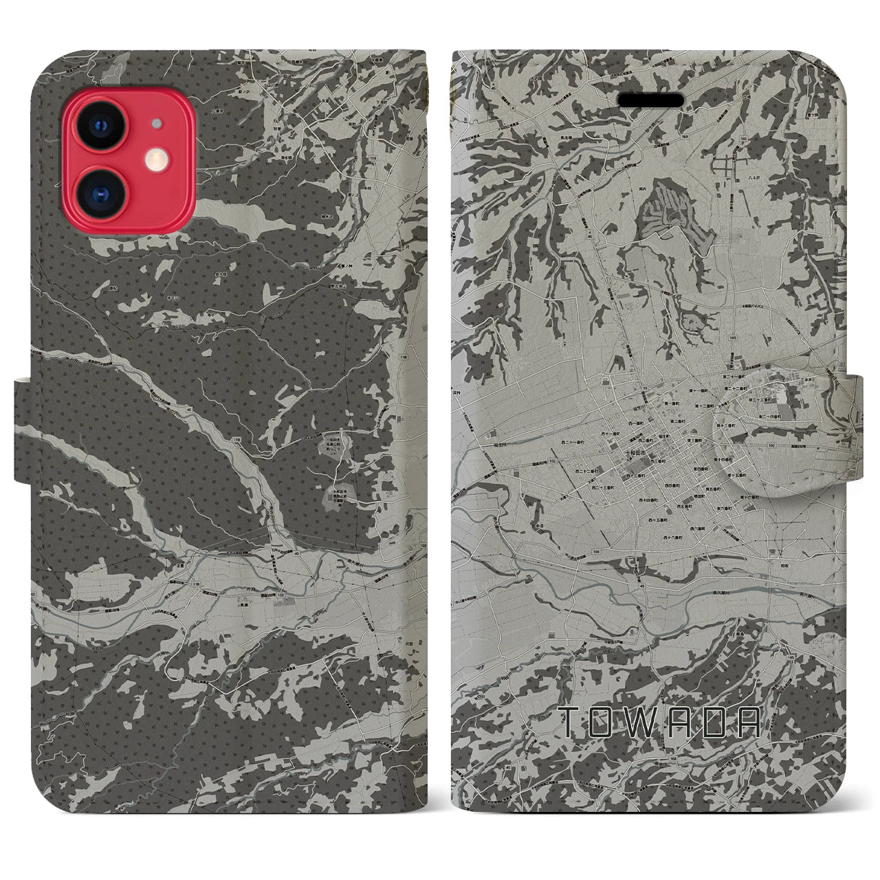 【十和田(青森県)】地図柄iPhoneケース(手帳タイプ)モノトーン・iPhone 11 用