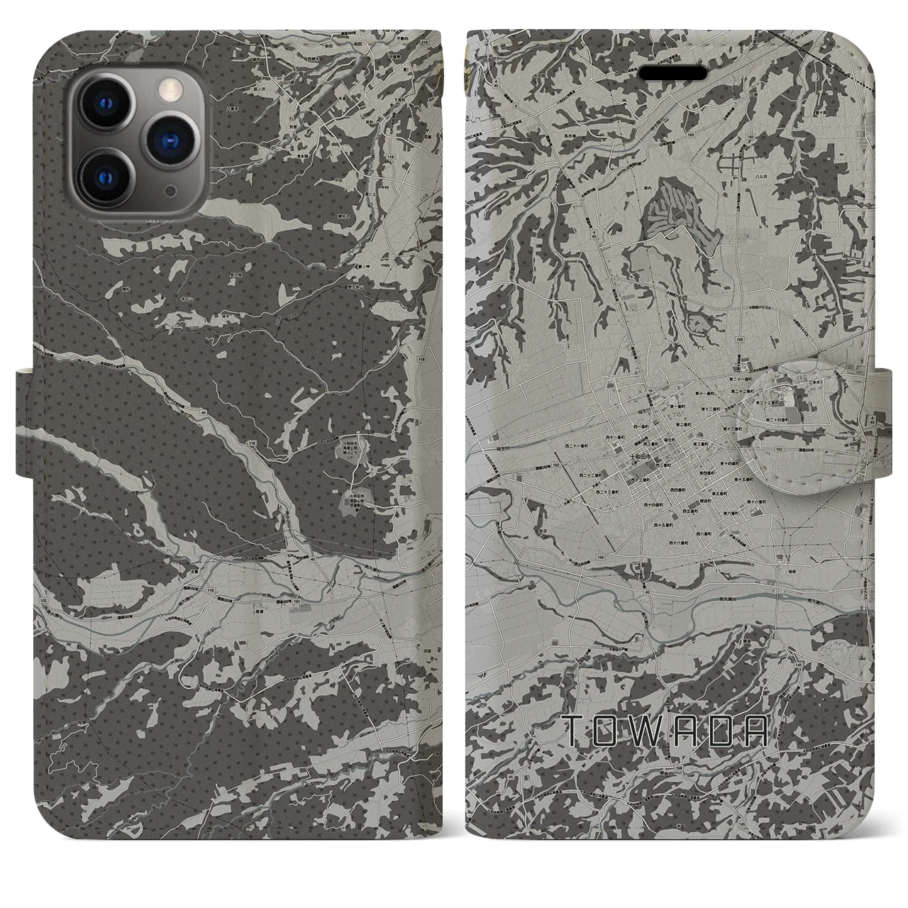 【十和田(青森県)】地図柄iPhoneケース(手帳タイプ)モノトーン・iPhone 11 Pro Max 用