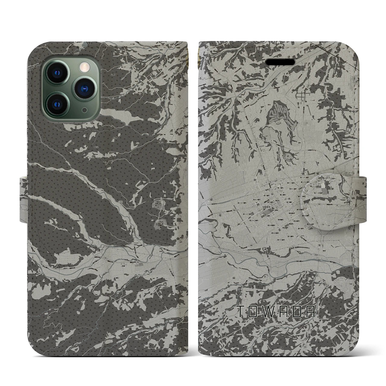 【十和田(青森県)】地図柄iPhoneケース(手帳タイプ)モノトーン・iPhone 11 Pro 用