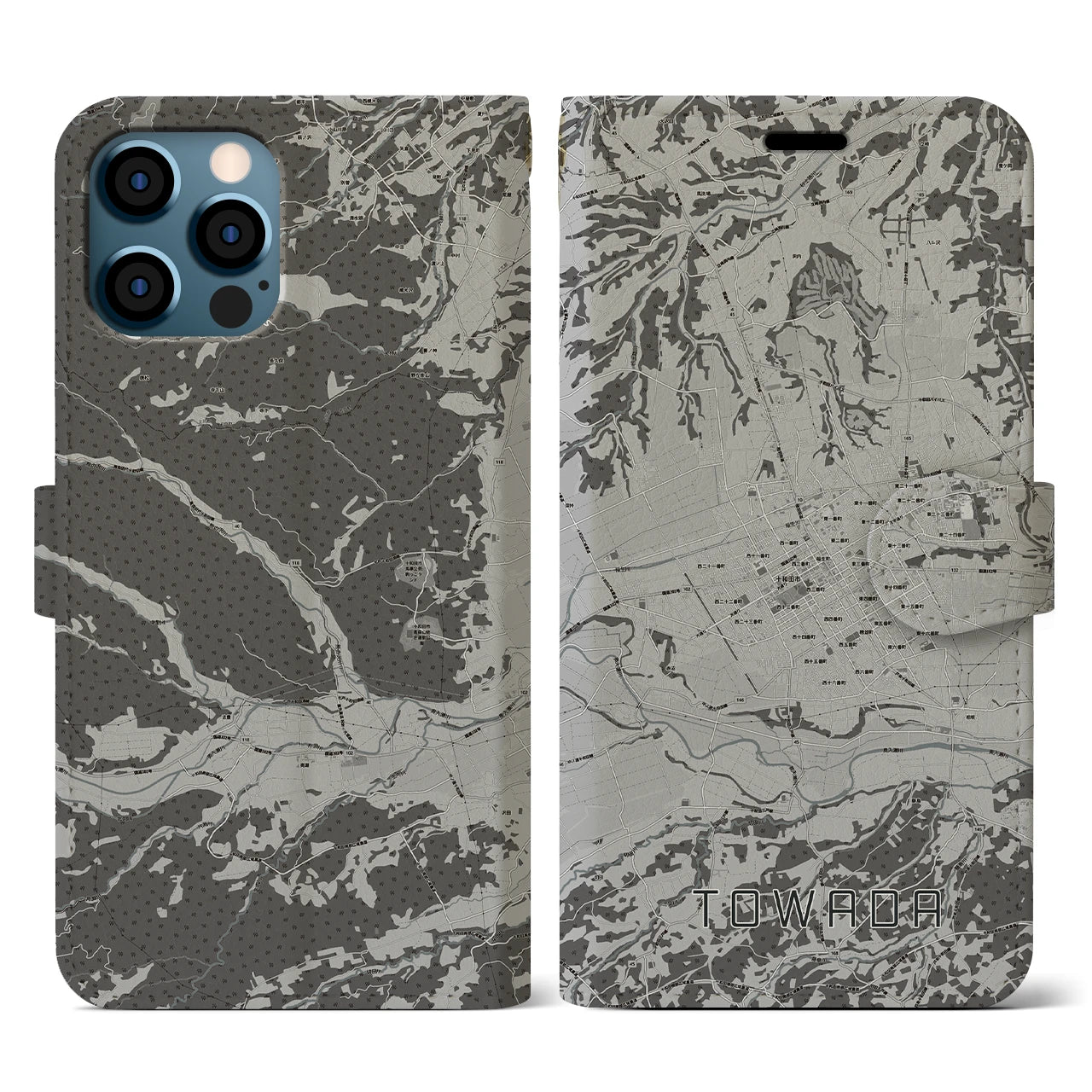 【十和田(青森県)】地図柄iPhoneケース(手帳タイプ)モノトーン・iPhone 12 / 12 Pro 用
