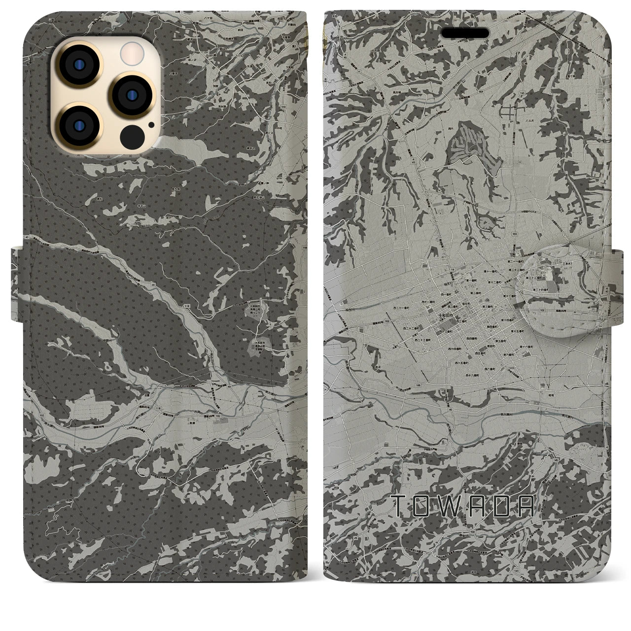 【十和田(青森県)】地図柄iPhoneケース(手帳タイプ)モノトーン・iPhone 12 Pro Max 用