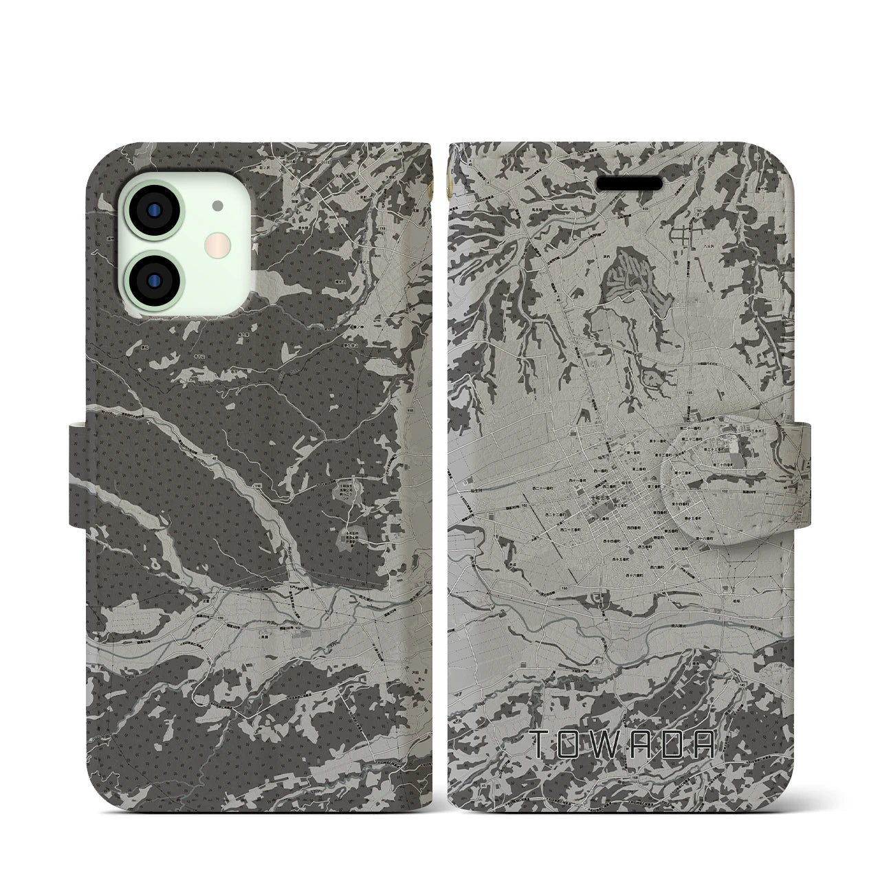 【十和田(青森県)】地図柄iPhoneケース(手帳タイプ)モノトーン・iPhone 12 mini 用