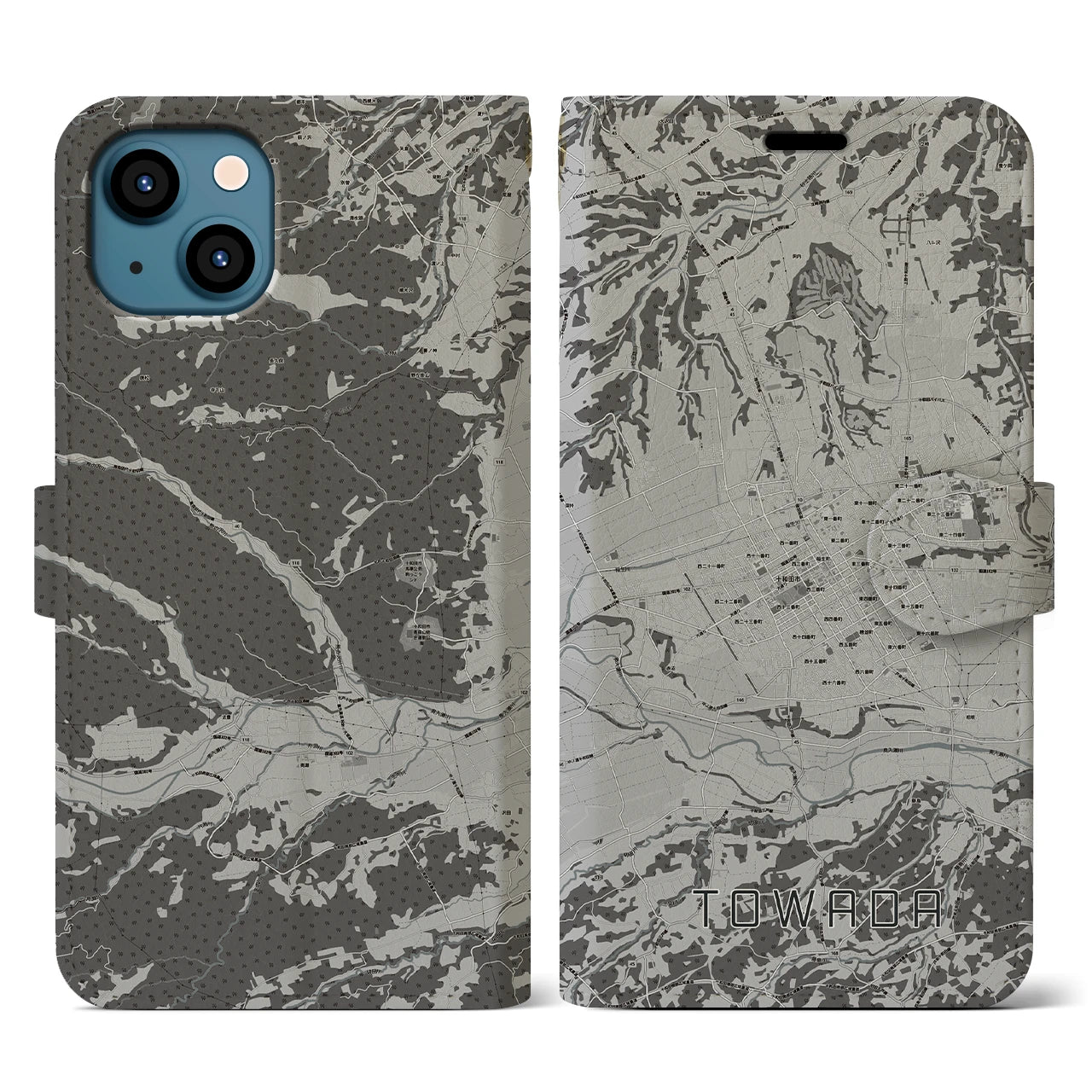 【十和田(青森県)】地図柄iPhoneケース(手帳タイプ)モノトーン・iPhone 13 用