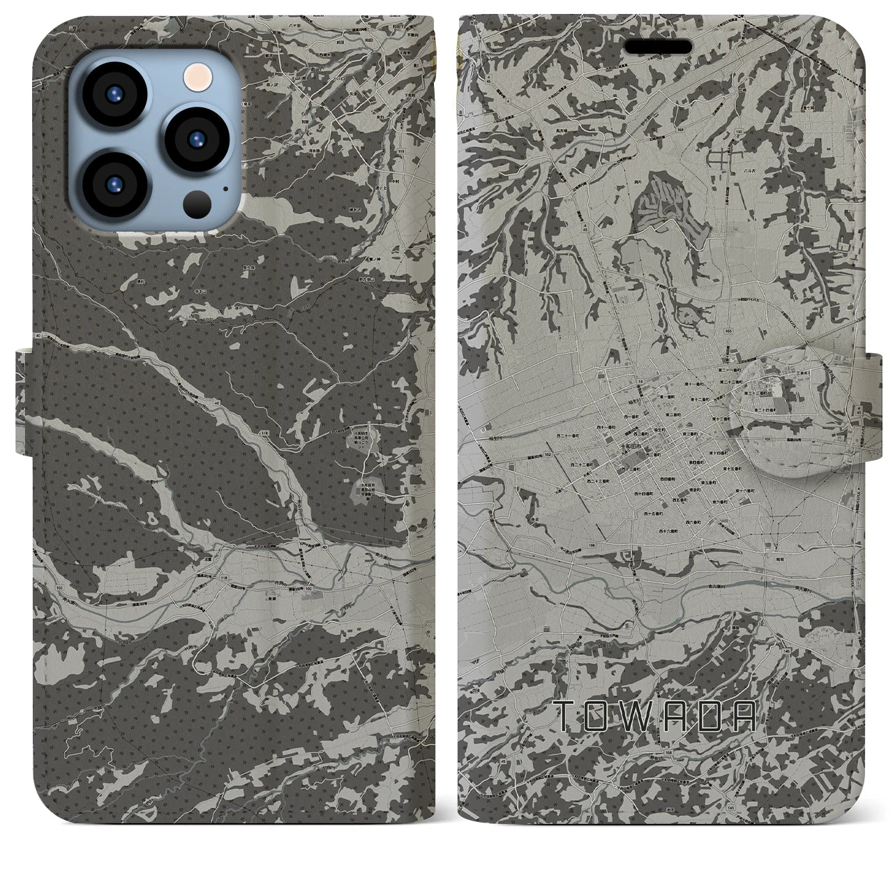 【十和田(青森県)】地図柄iPhoneケース(手帳タイプ)モノトーン・iPhone 13 Pro Max 用